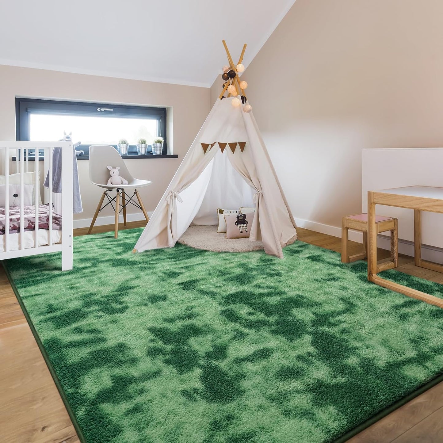 Hutha Large Area Rug, 7x10 Tie-Dyed Green Fluffy Shag Rugs for Living Room Bedroom, Modern Aesthetic Super Soft Anti-Skid Indoor Carpet for Nursery Kids Room Home Decor
