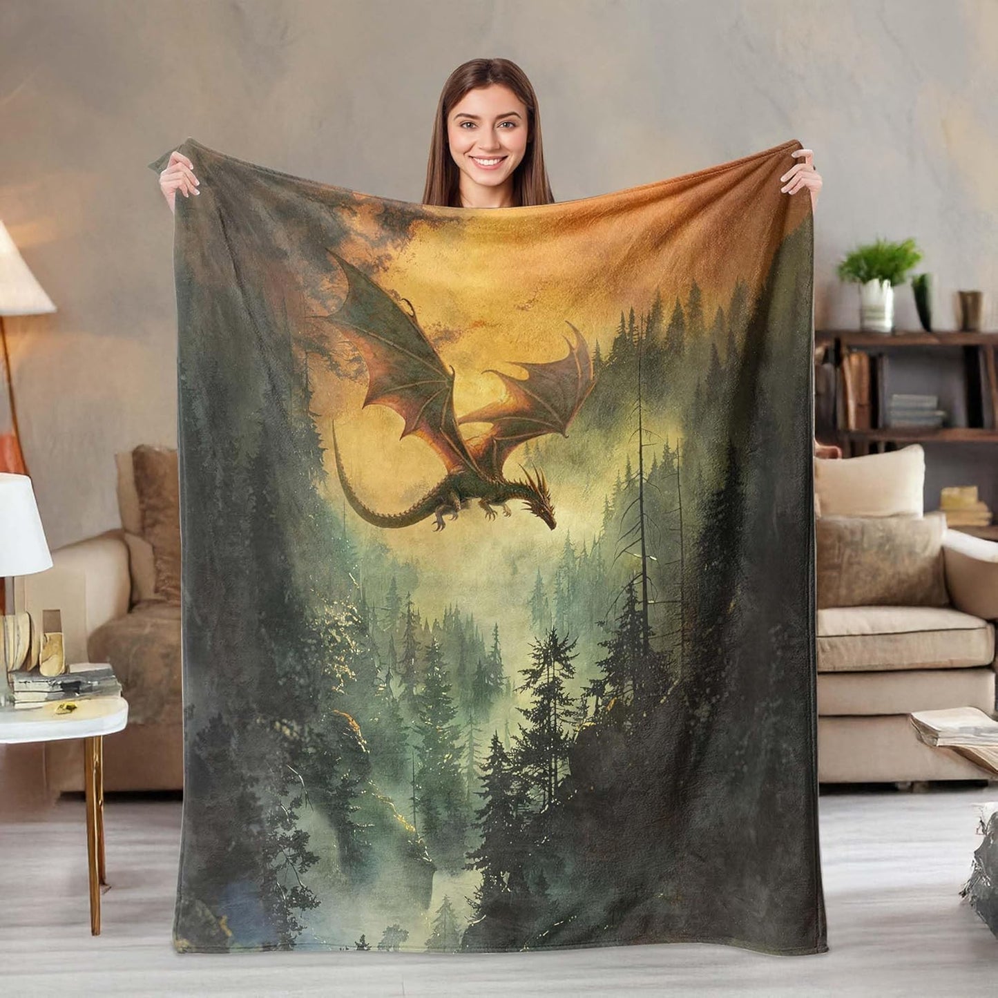 Dragon Throw Blanket, Fantasy Vintage Super Soft Warm Flannel Fleece Nap Blankets for Couch Dorm Chair Sofa Room, 50×60 inch