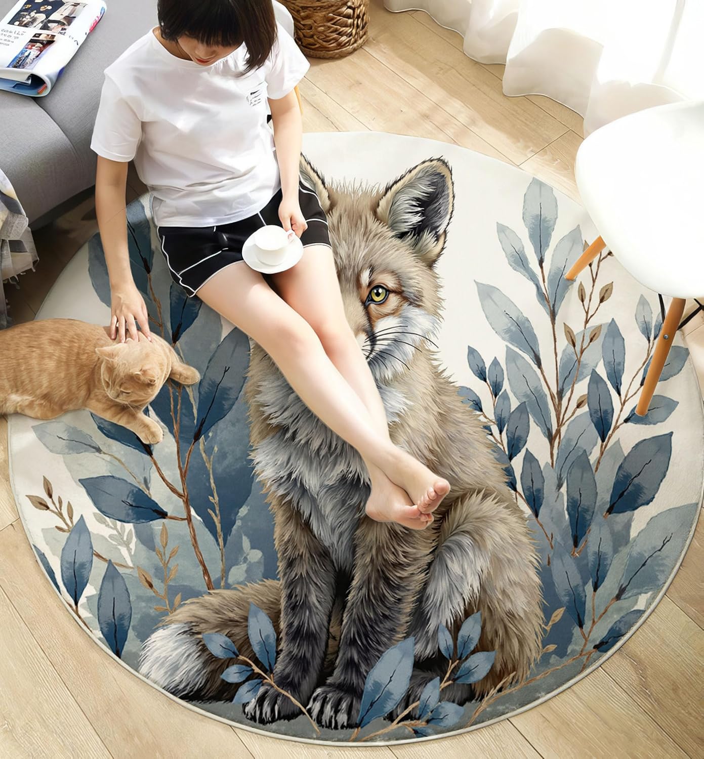 Round Area Rug, 3Ft Washable Non-Slip Blue Gray Watercolor Fox Leaves Circle Rug, Soft Low-Pile Realistic Animal Style Indoor Small Circular Carpet for Bedroom Entryway Dining Living Room
