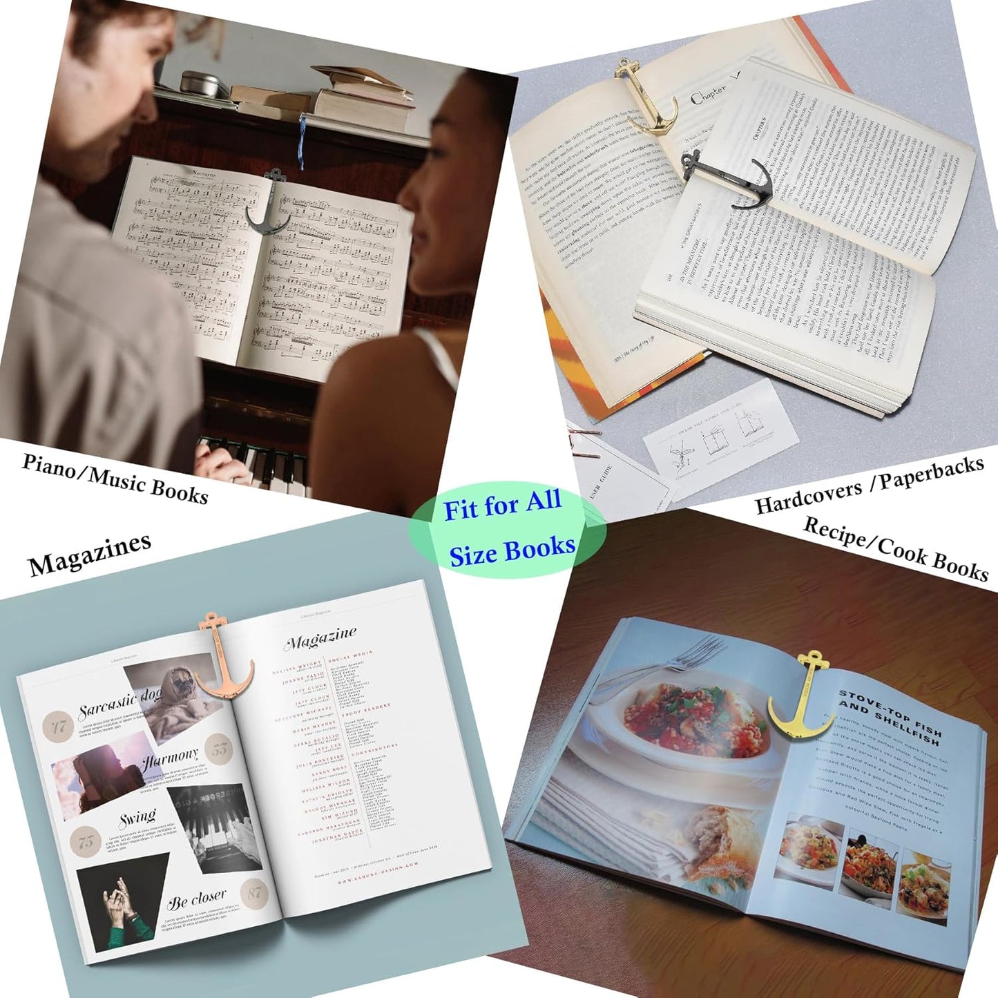 Anchor Page Holder for Hands Free Reading Bookmark Book Opener Reader Gift Metal Portable Music Recipe Book Hardcovers Paperbacks Magazines Clip Accessories, Black