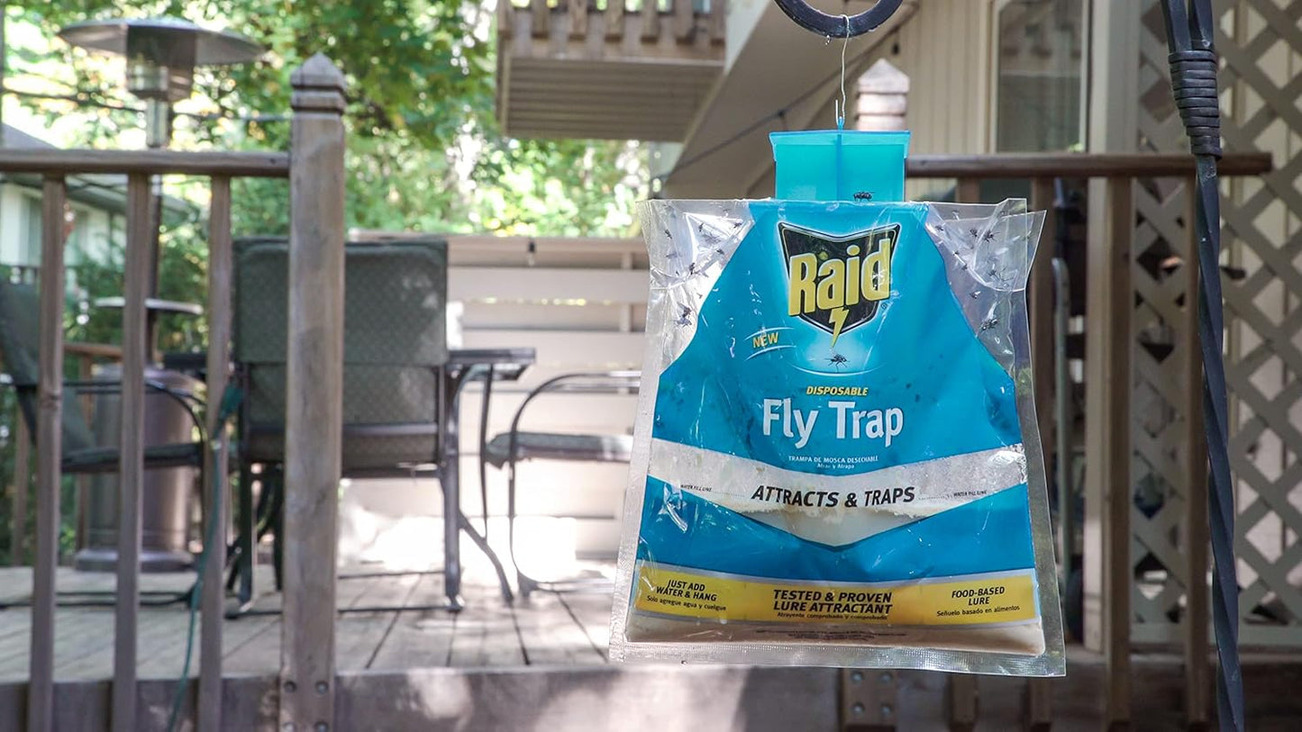 Raid Fly Trap (2-Pack), Outdoor Fly Trap, Disposable Fly Trap Bag, House Fly Trap with Food-Based Attractant, Hanging Fly Bag, 2 Home Fly Trap Bags, Outside Fly Control for Home, Hanging Fly Bait Bags