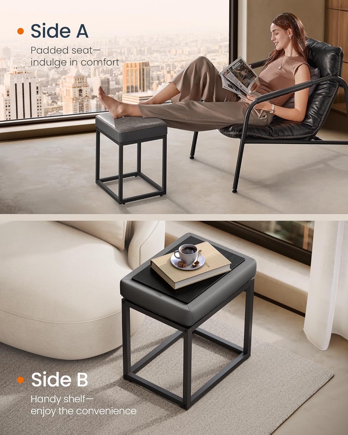 SONGMICS Home LUIZ Collection - Ottoman Footstool, Rectangle Ottoman, Vanity Chair Stool, Footrest, Reversible Top, Side Table, Max. Load 660 lb, Bedroom Living Room Entryway, Dove Gray ULOM079G01