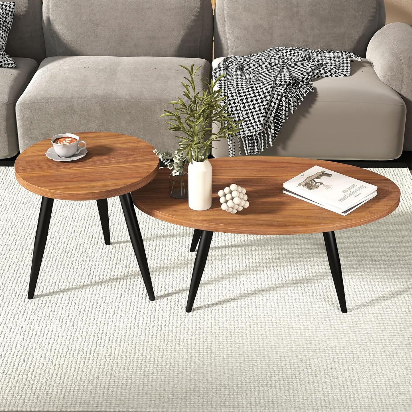 2-Piece Nesting Coffee Table Set, Oval & Round Mid-Century Modern Side Tables with MDF Tabletop & Metal Tapered Legs, Accent Table Set for Living Room, Small Spaces (Walnut)
