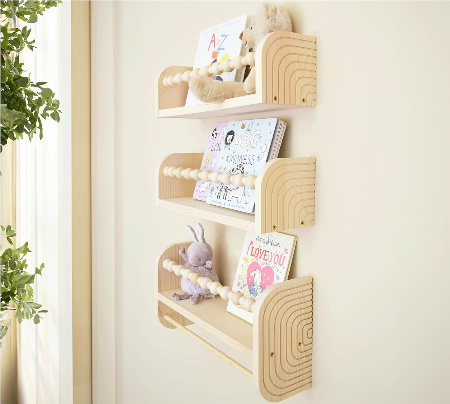 CNK Nursery Floating Book Shelves for Wall Mounted Set of 3 Book Shelf for Kids Room, Toddler Room, Baby Rooms Natural Pine Wood Bookshelf Toy Storage with Rack Playroom Decor