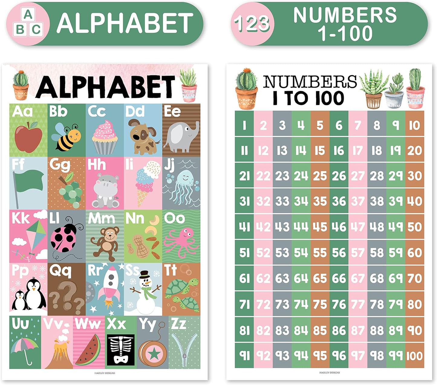 Hadley Designs ABC Posters For Classroom Wall - Shapes, 1-100 Number Chart, Color & Alphabet Learning Posters For Toddlers 1-3, PreK, Kindergarten & Homeschool, Laminated Cactus Classroom Poster