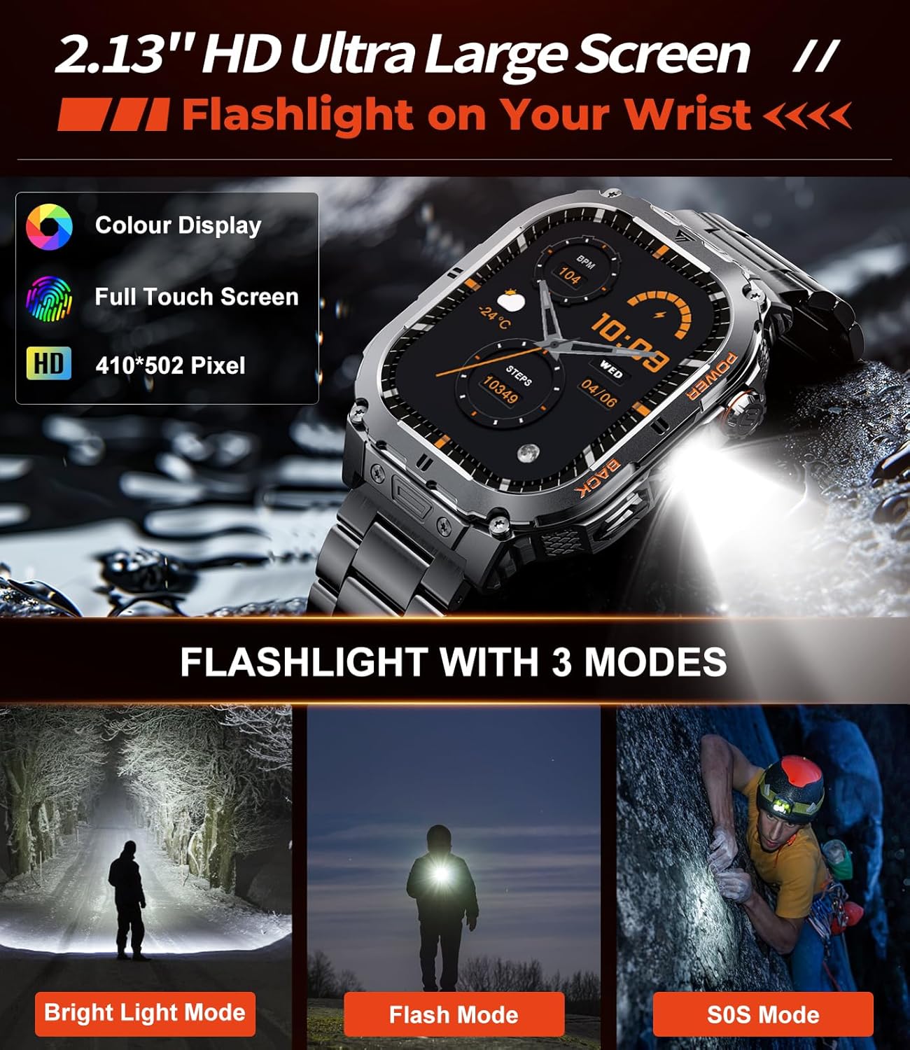 SUNKTA Military Smart Watch for Men,2.13''AMOLED/430mAh Battery Smart Watches with LED Flashlight for Android iOS (Bluetooth Call Answer/Calls) Fitness Tracker with Heart Rate/Sleep Tracking Black