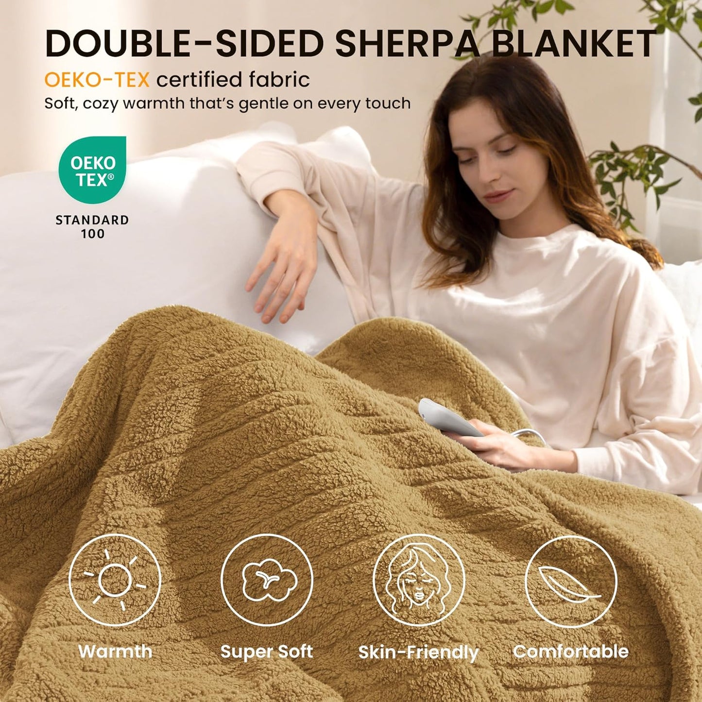 Heated Blanket Electric Blanket Throw - Fast Heating Blanket Throw Double Sided Sherpa Ultra Soft Cozy with 10 Heating Levels & 2-10 Hours Auto Off, Mashine Washable, 50 x 60 Inches, Camel