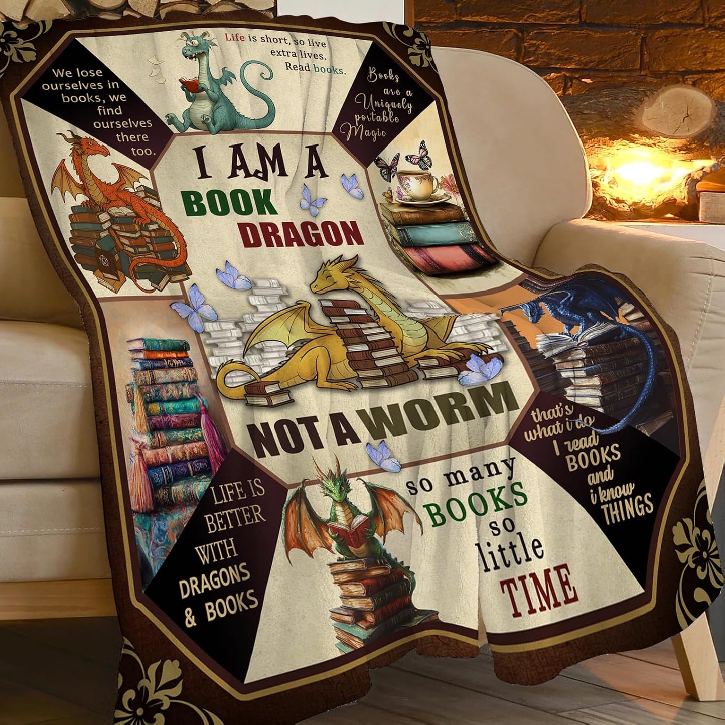 Dragon Blanket Dragon Reading Decor Throw Blanket Super Soft Flannel Lightweight Fluffy Plush Cozy Fuzzy Fleece Blanket Gifts for Book Lover Boys Woman Man Kids Adults for Bed Sofa 40"X50"