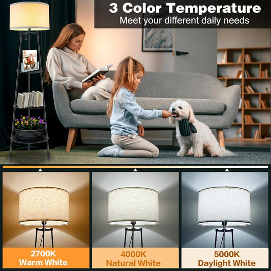 Floor Lamp with Shelves, Modern Standing Lamp with 3 Color Temperature LED Bulbs, Corner Floor Lamps for Living Room & Bedroom, Lamparas Elegantes para Sala (Beige Lampshade, 1)