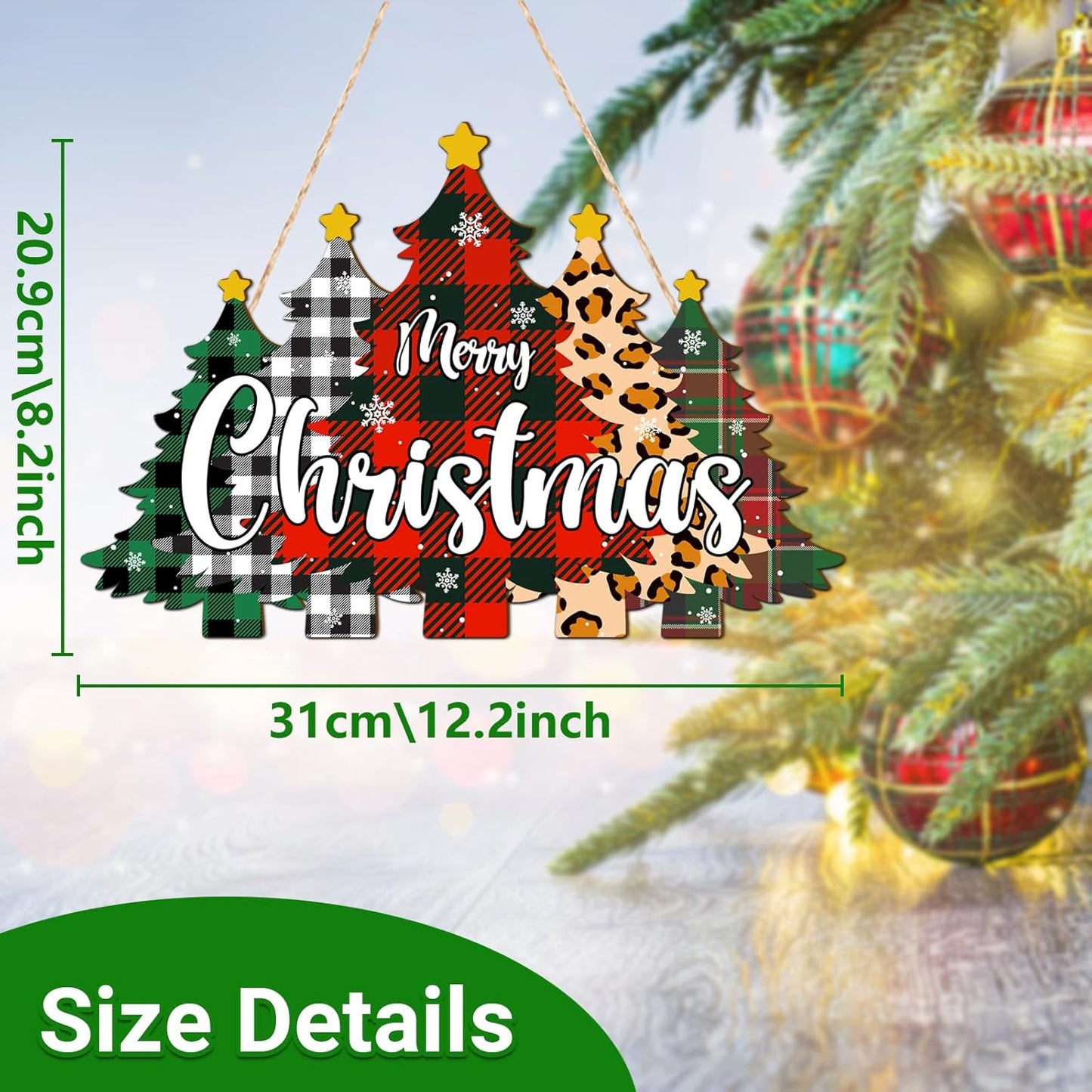 Wooden Christmas Tree Doors Wreath for Front Door Merry Christmas Wreath Hanging Sign For Front Doors Wall Signs Xmas Decoration Black Red Buffalo Plaid Hanging for Xmas Party Supply
