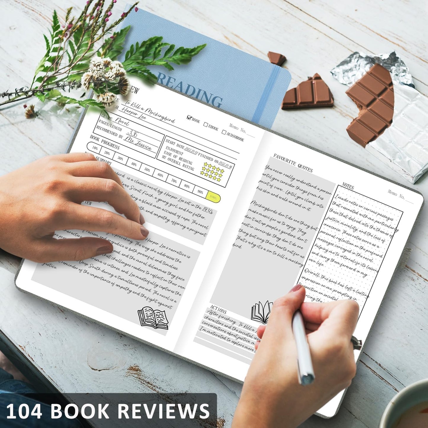 Reading Journal with 104 Book Reviews, Book Journal for Books Lovers & Readers - Review and Track Your Reading Progress, Reading Log Notebook Gift, A5, Blue