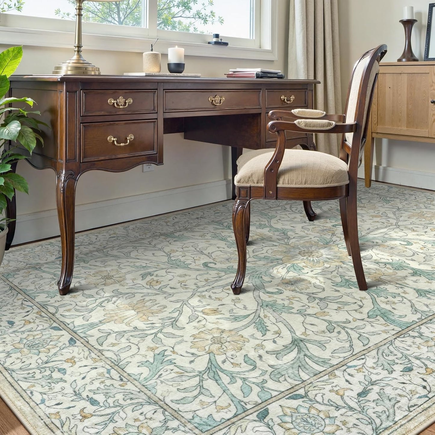 Collive 8x10 Area Rugs for Living Room, Washable Floral Bedroom Rug, Vintage Neutral Non Slip Low Pile Throw Large Carpet, Soft Retro Distressed Rugs for Dining Room Office, Ivory/Light Turquoise