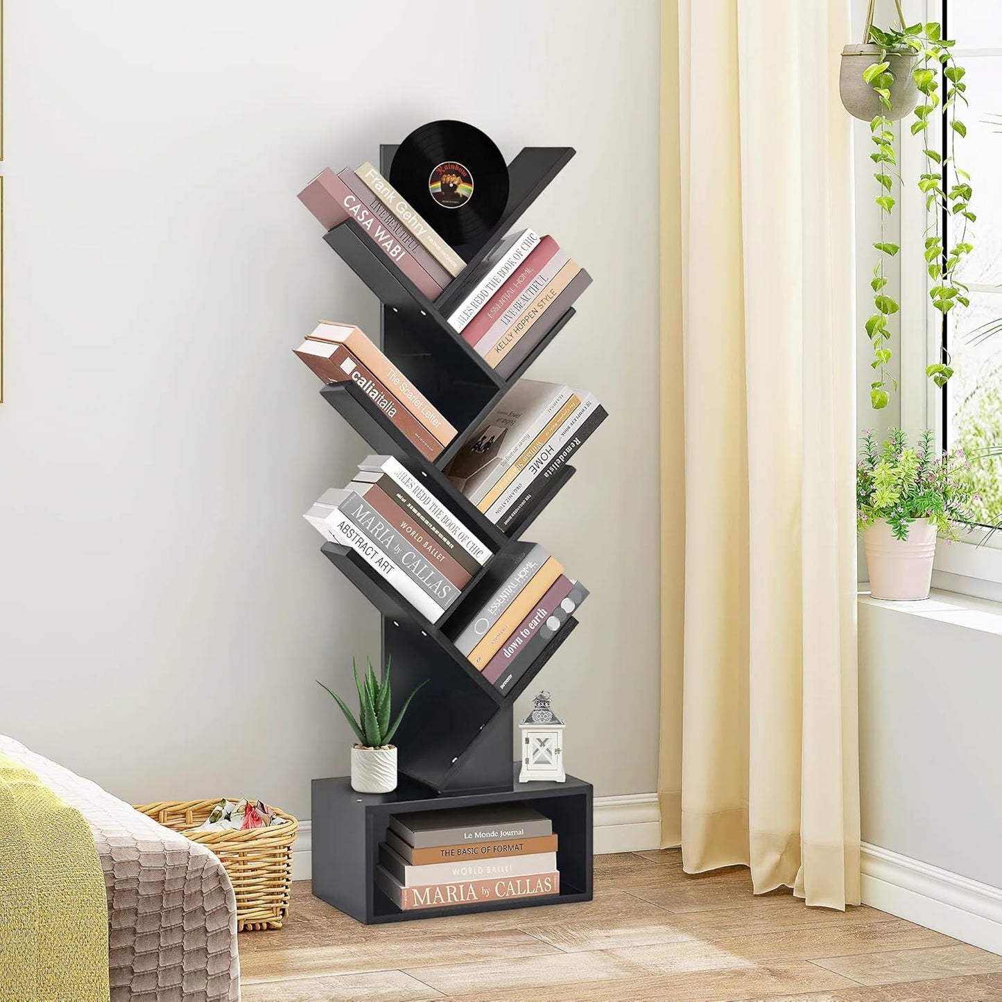 6 Tier Tree Bookshelf, Tall Narrow Wooden Bookcase with Drawer and Storage Cabinet, Freestanding Small Book Shelf Organizer for Bedroom, Living Room, Home Office, Black Display Shelf