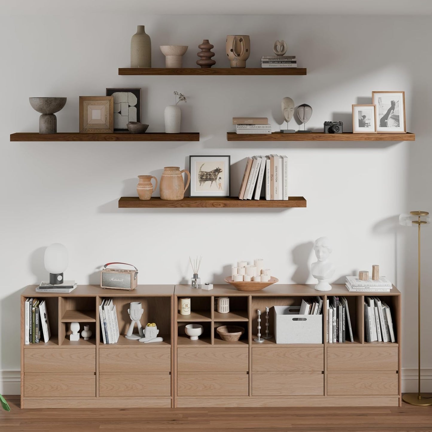 ROGMARS 36 Inches Long Walnut Floating Shelves,Rustic Solid Wood Farmhouse Wall Shelves with Invisible Brackets for Bathroom, Living Room, Bedroom, Kitchen Set of 4