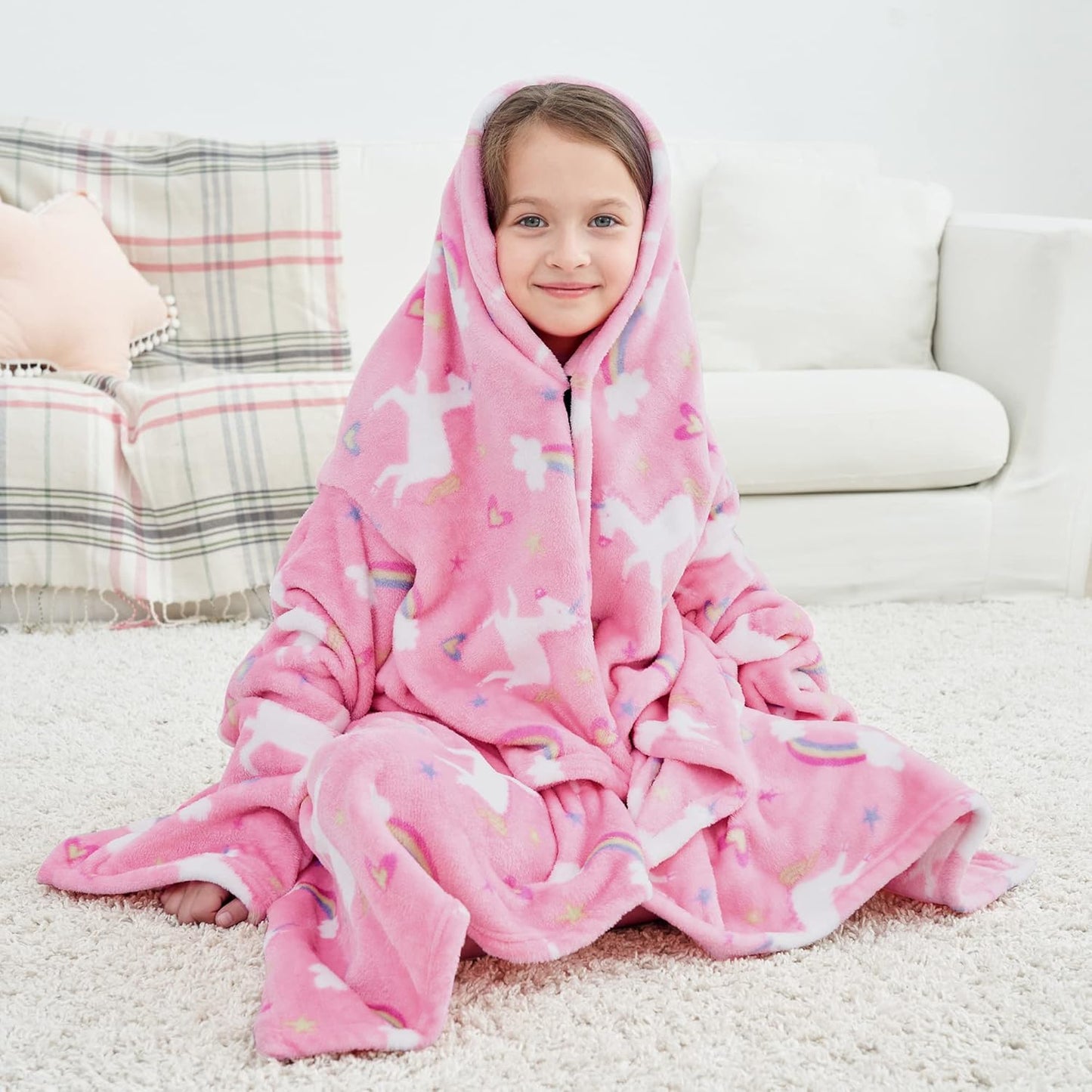 Softan Wearable Fleece Blanket with Sleeves & Foot Pocket for Kids Boys Girls Children,Lightweight Soft Blanket with Sleeves and Hook & Loop 48" x 48" Pink Unicorn