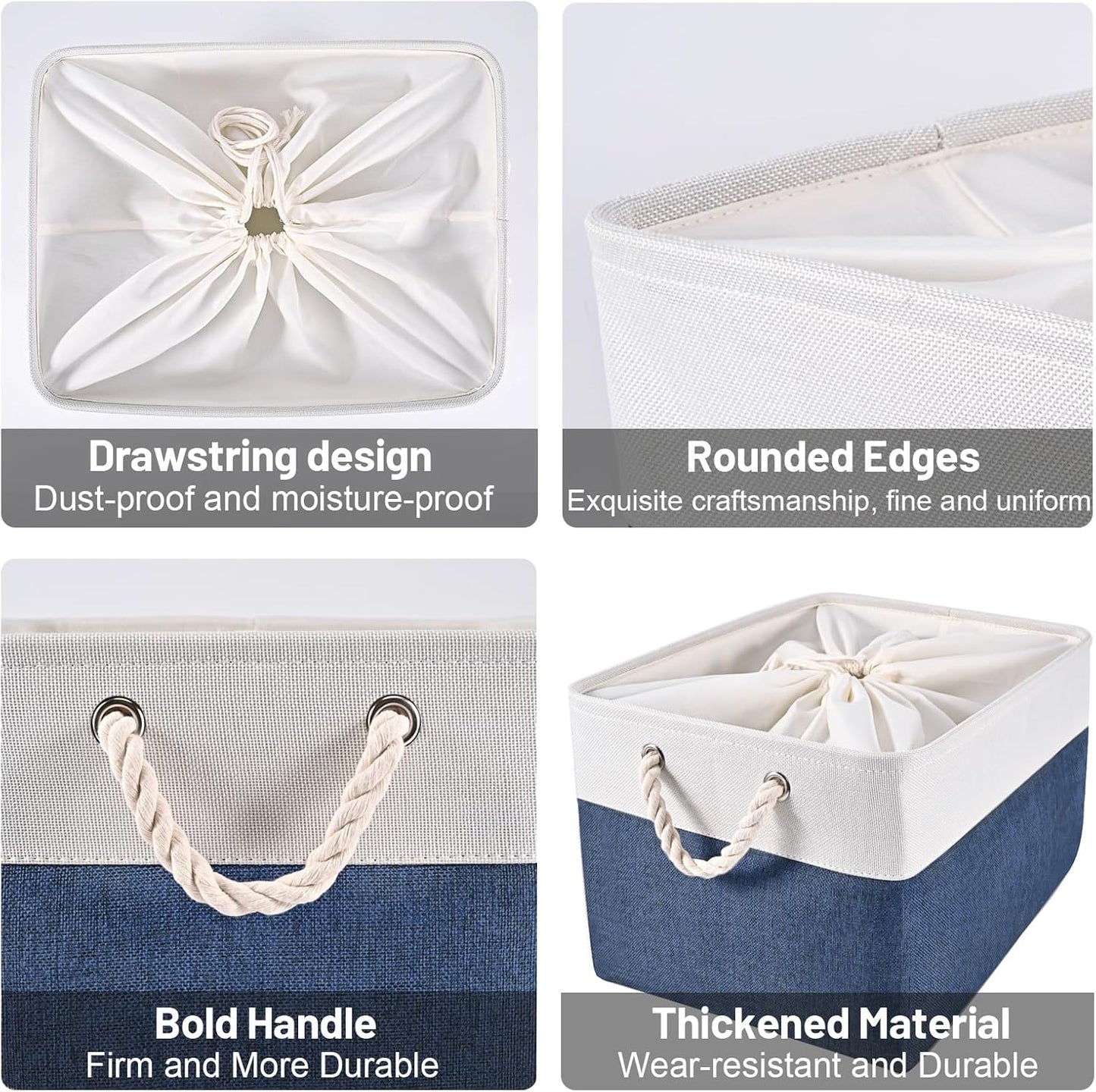 HOdo Home 3PCS Storage Bins, Fabric Bin with Drawstring Closure and 2 Bold Handles, Collapsible Large Canvas Baskets for Organizing Shelf Nursery Home Closet (15.8×11.8×9.5 In, White and Navy)