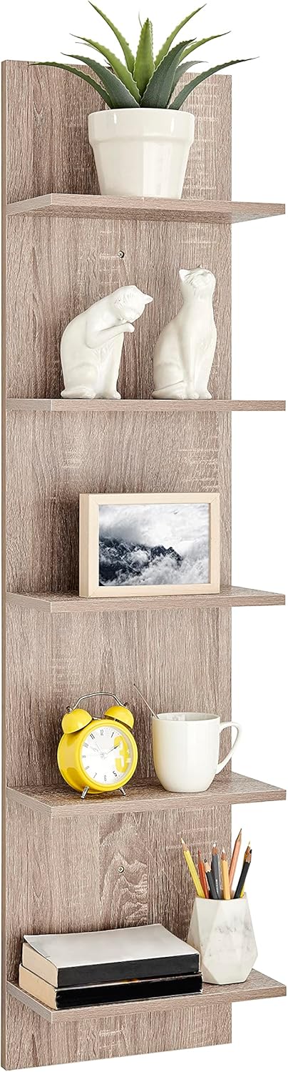 Danya B. Narrow Decorative Wall Mount Vertical Shelving Unit – Modern Column with 5 Shelves Home or Office for Books, Décor Display (Oak)