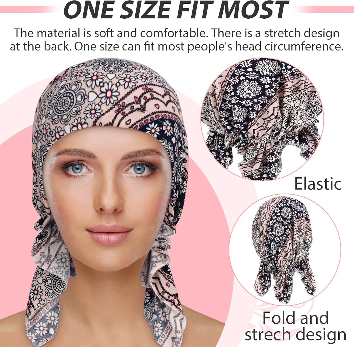 6 Pcs Chemo Headwear for Women, Pre Tied Cancer Caps Stretch Hat Turban Sleep Headwraps for Patient Hair Loss