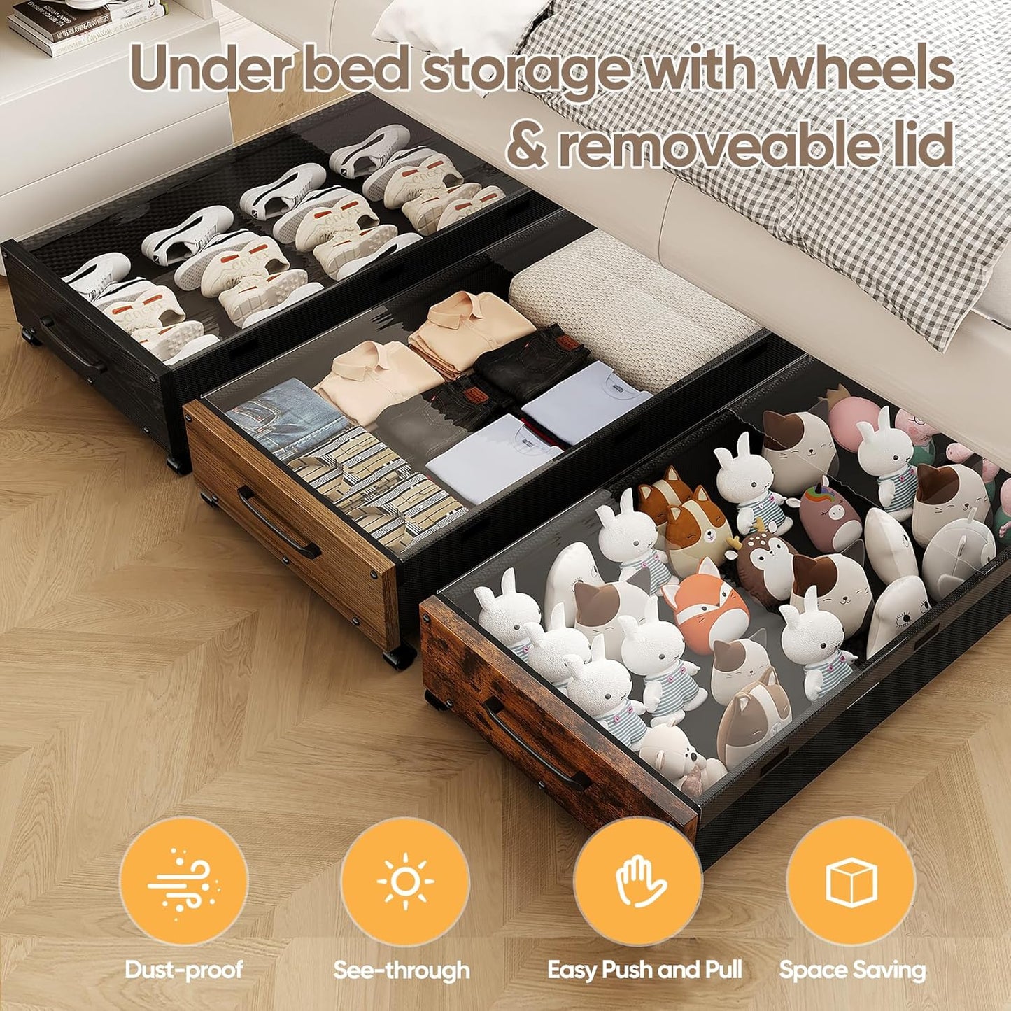 KITHELP Under Bed Storage with Wheels, Wooden Under Bed Drawers 2 Packs, Rolling Underbed Storage Containers Organizer with Handle Removable Lid, Heavy Duty Metal Frame for Clothes Shoe Books(Black)