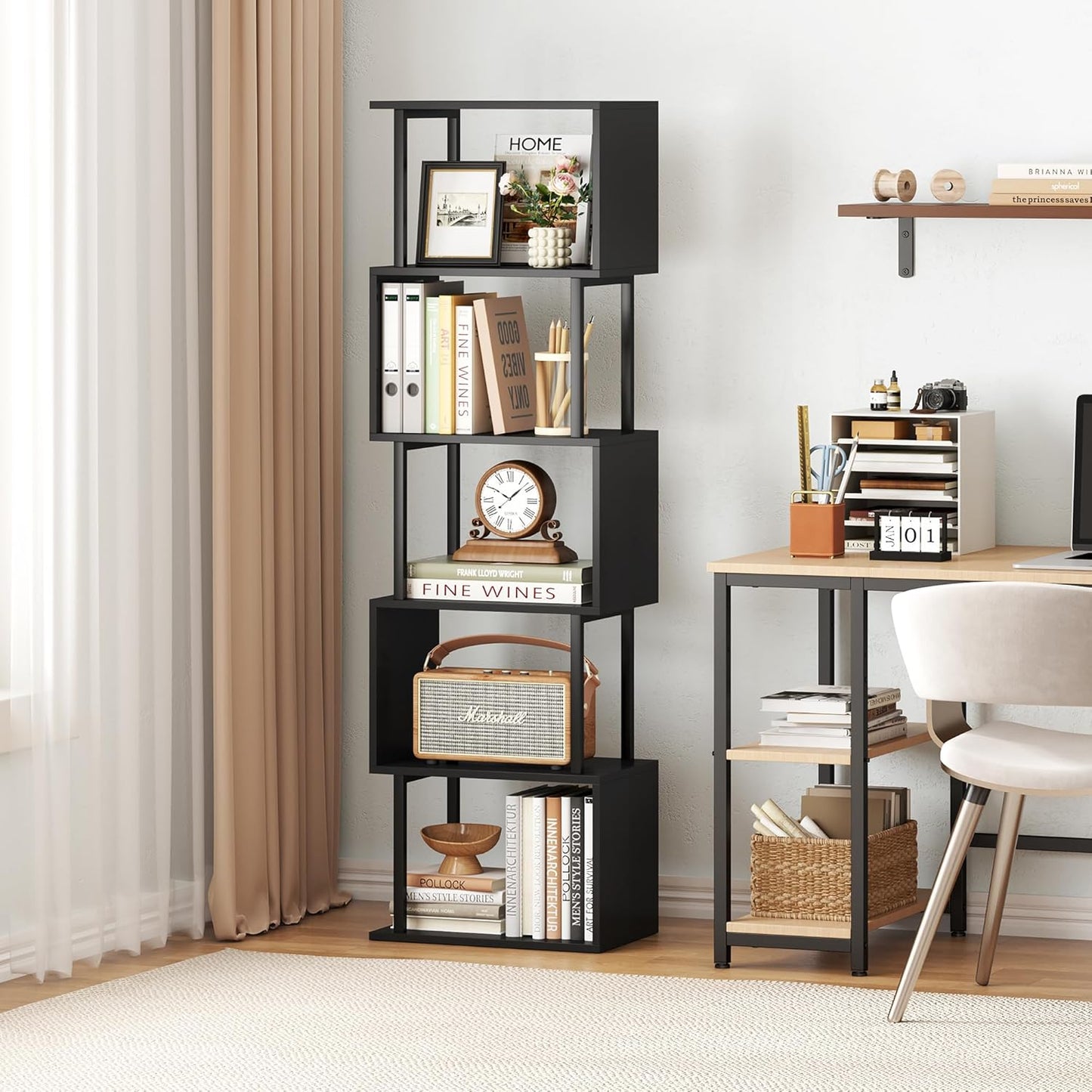 Yusong Bookshelf 5-Tier, Geometric Bookcase S Shaped Book Shelves for Bedroom, Modern Wood Decorative Display Shelf Corner for Home Office, Black