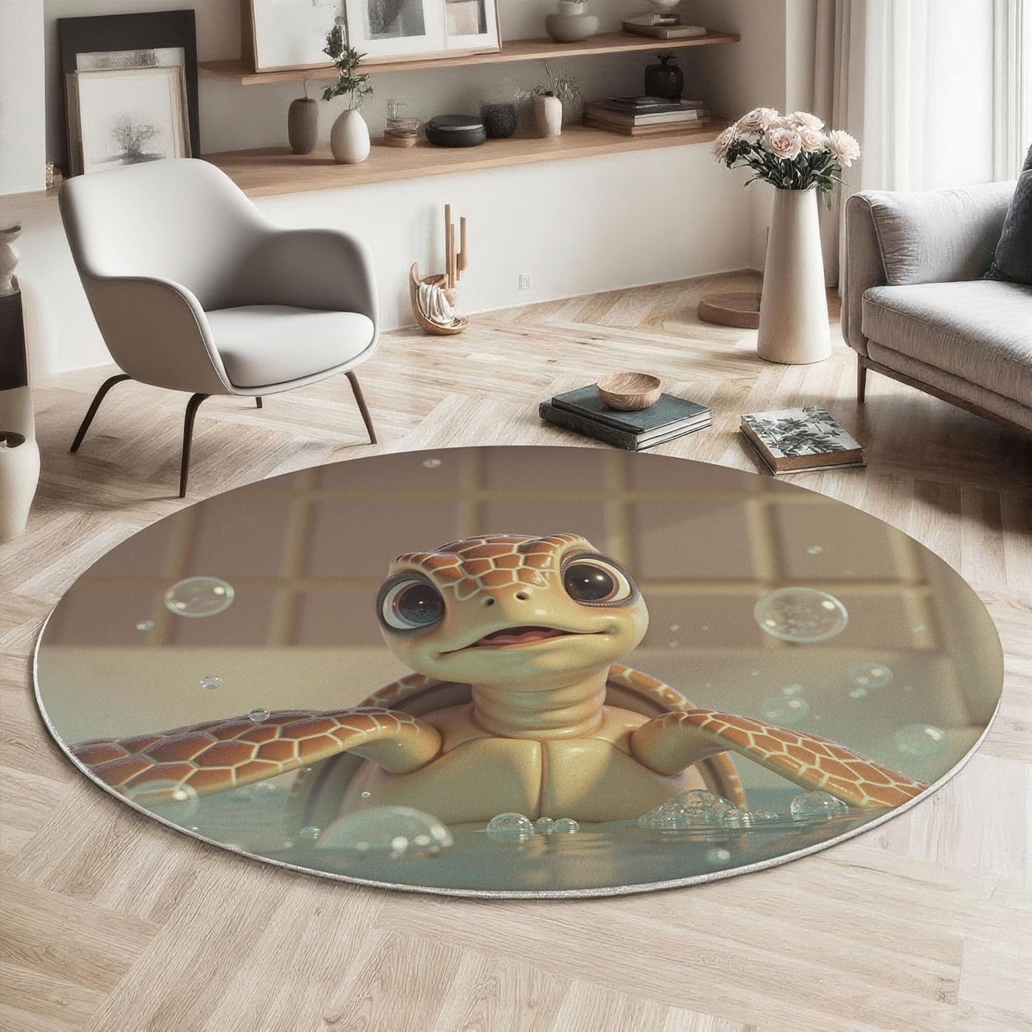 5Ft Round Washable Rug - Large Area Rug for Living Room Dining Room, Beige Soft Bedroom Carpet with Cute 3D Design Turtle Bathtub Pattern, Marine Animal Décor, Low Pile Stain Resistant