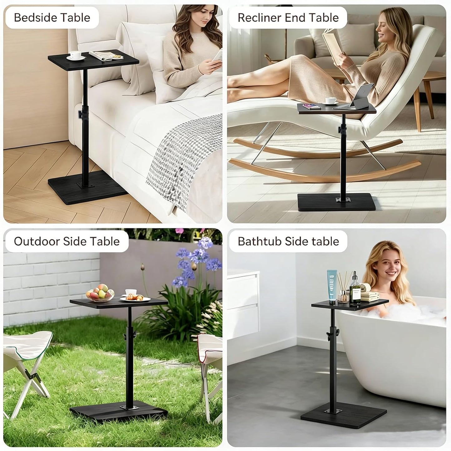 TV Tray Table for Couch, 360° Swivel Height Adjustable TV Tray Table, C Shaped End Table Slides Under Sofa, Snack & Laptop Side Tray for Small Spaces, Black
