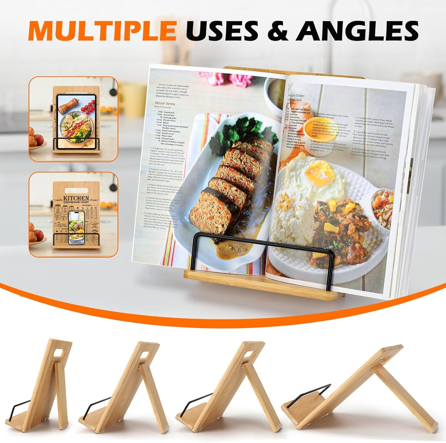 Bamboo Cookbook Stand for Kitchen Counter, Recipe Book Holder with Measurement Conversion Chart, Adjustable Cookbook Holder, Essential Accessories Women Gifts for Easter Birthday Mothers Day