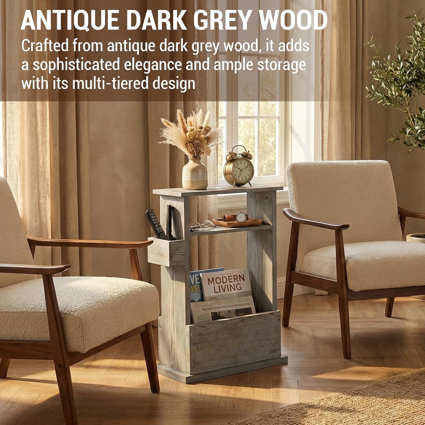 MyGift Narrow Side Table, Slim End Sofa Table in Vintage Gray Wood with Storage Shelf, Magazine and Remote Holder