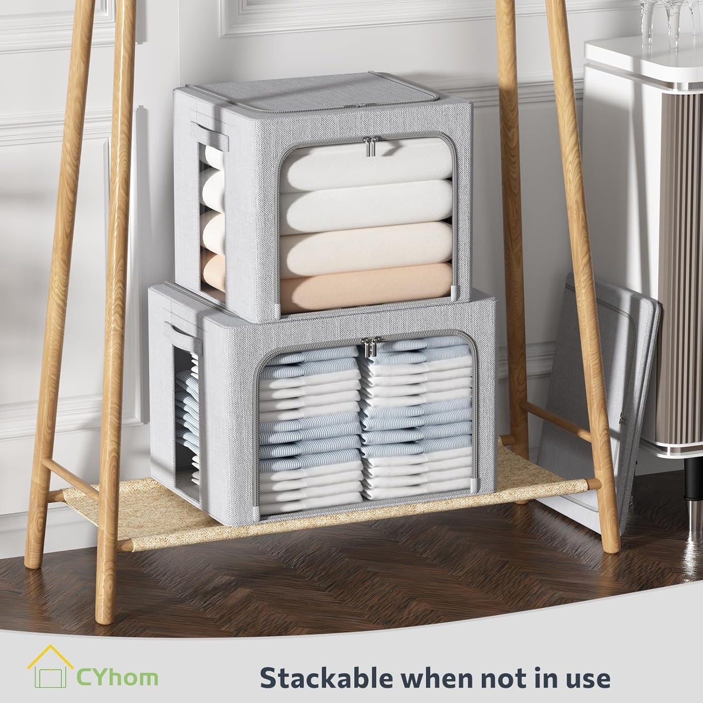 CYhom 4 Pack Clothes Storage Bins with Metal Frame - Linen Fabric Foldable Stackable Container Organizer Set with Clear Window & Carry Handles & Zippers (Light Grey, 23.6"x16.5"x15.7")