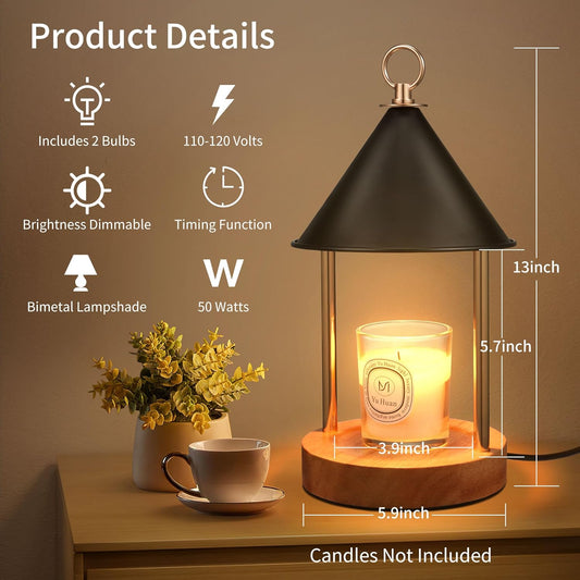 Candle Warmer Lamp with Timer and Dimmable, Birthday Gifts Women Mom, Flameless Wax Warmer with Anti-Scald Bi Metal Shade for Jar Candles, Includes 2 Bulbs, Home Decor (Black)