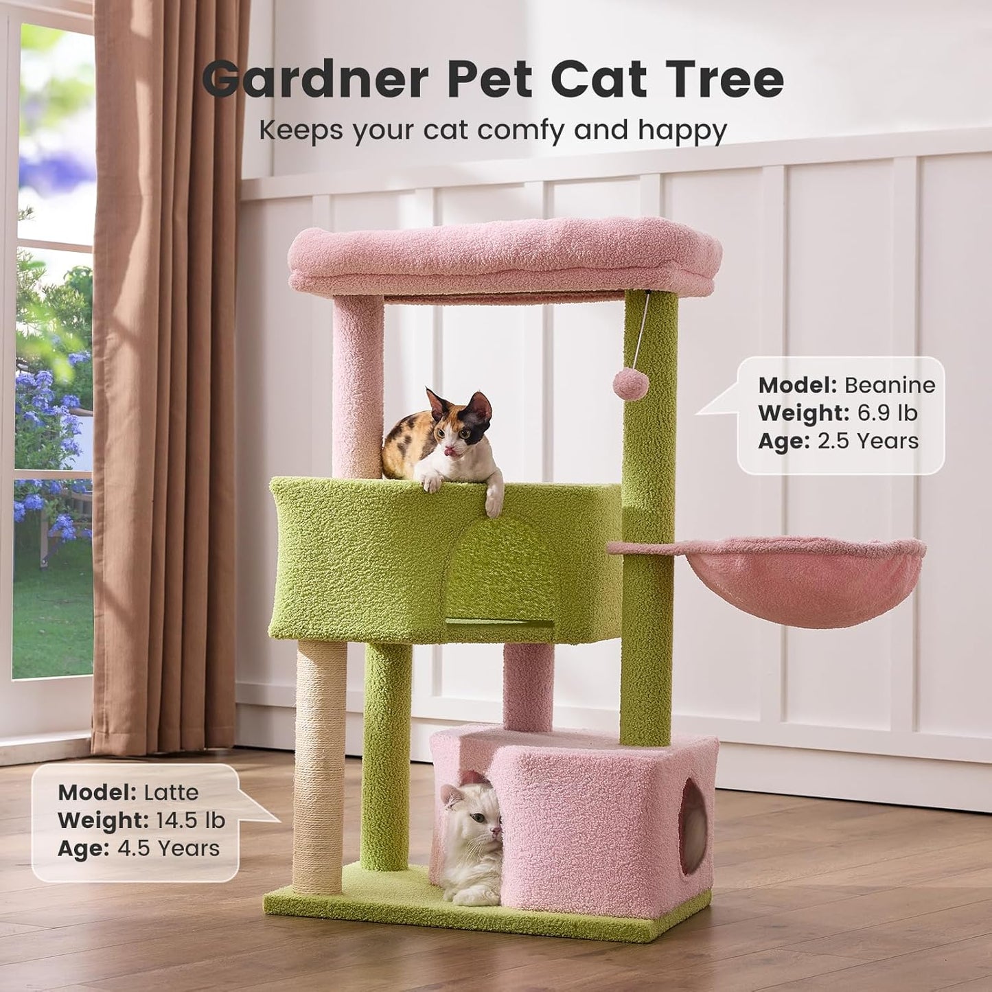 Gardner Pet 41" Cat Tree for Medium-Large Cats, Heavy Duty Cat Trees Pink Cat Towers with 2.8in Posts, Easy to Assembly