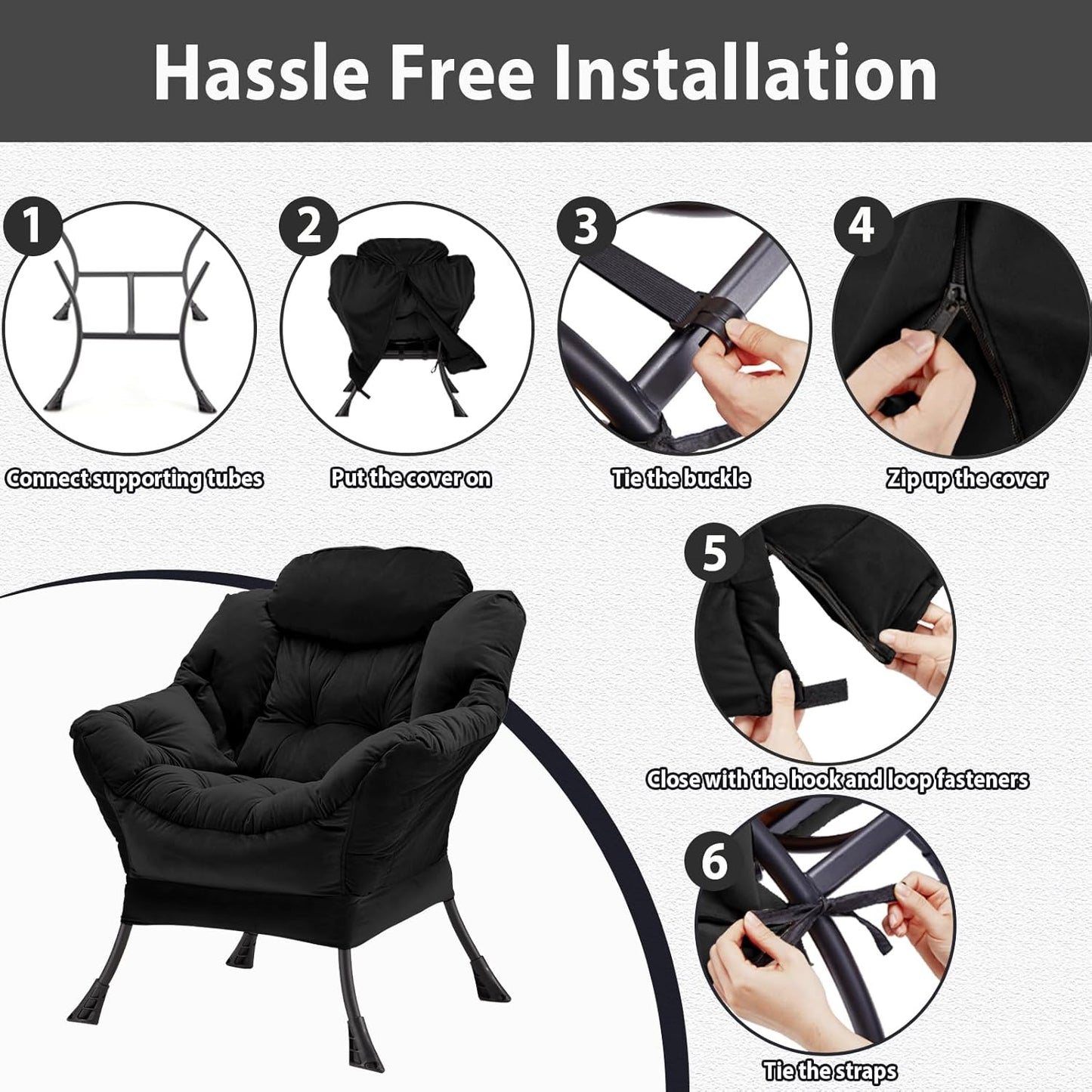 Lazy Chair Thick Padded, Comfy Velvet Accent Lounge Chair with Stable Frame, Leisure Sofa Armchair with Armrests and Side Pocket, Reading Chair for Bedroom, Living Room, Office, Black