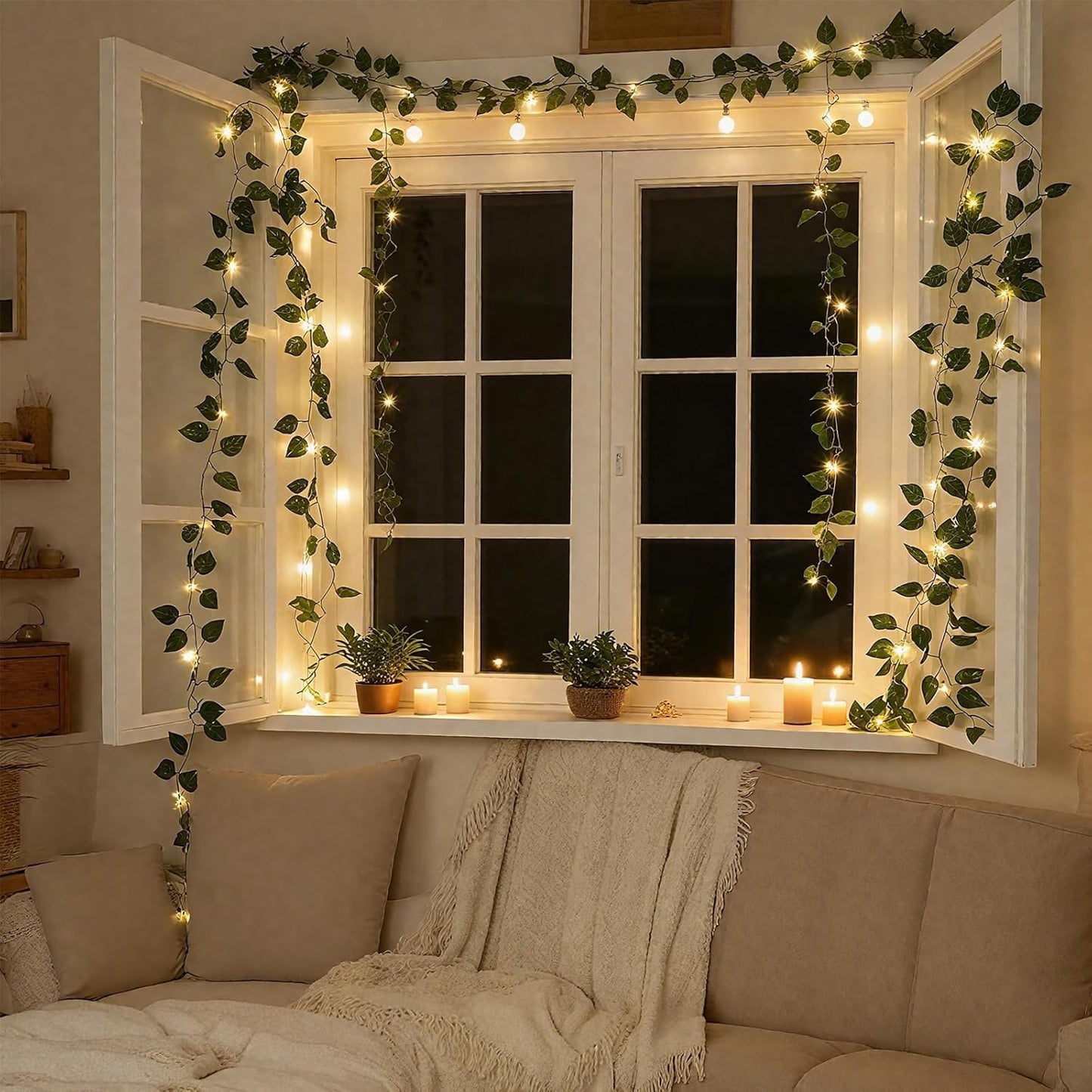 CEWOR Pothos Vine with Fairy Lights Battery Operated, 40ft 120 LED Ivy String Lights, Artificial Ivy Garland with Lights for Bedroom, Room, Wall, Garden, Party, Wedding Decor