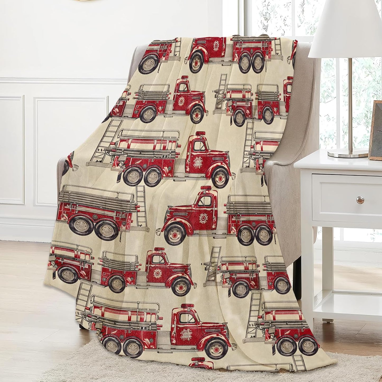 Vintage Fire Truck Throw Blanket Gifts for Women, Soft Fuzzy Warm Cozy Flannel Blankets for Bedroom, Travel, Couch, Home Decor 50x60 in