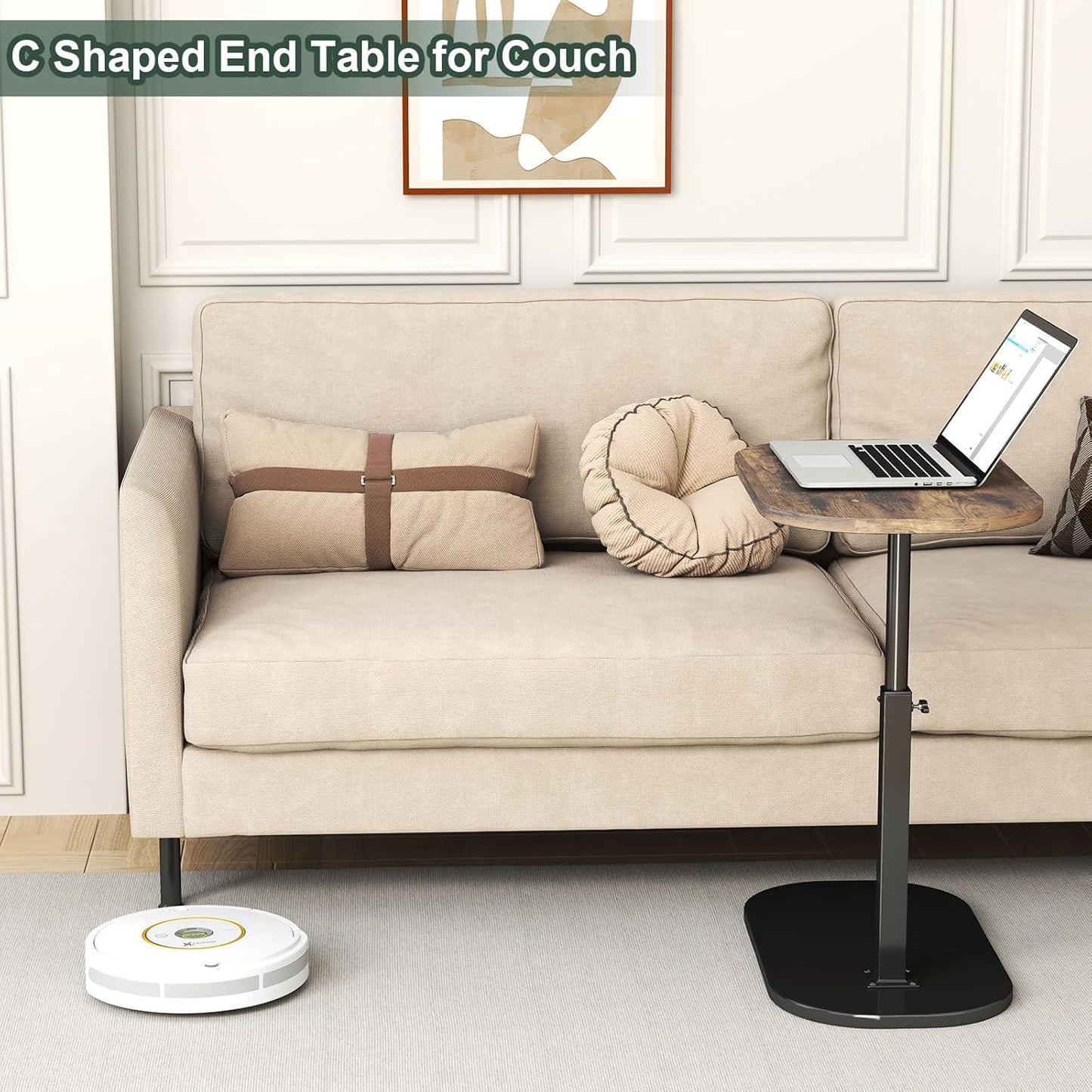 C Shaped Side Table, Adjustable Height C Shaped End Table, 360°Swivel Couch Side Tables that Slide Under, Modern Small Coffee C Table End Table for Sofa/Bed/Bathtub, Rotating Tabletop (Rust Brown)