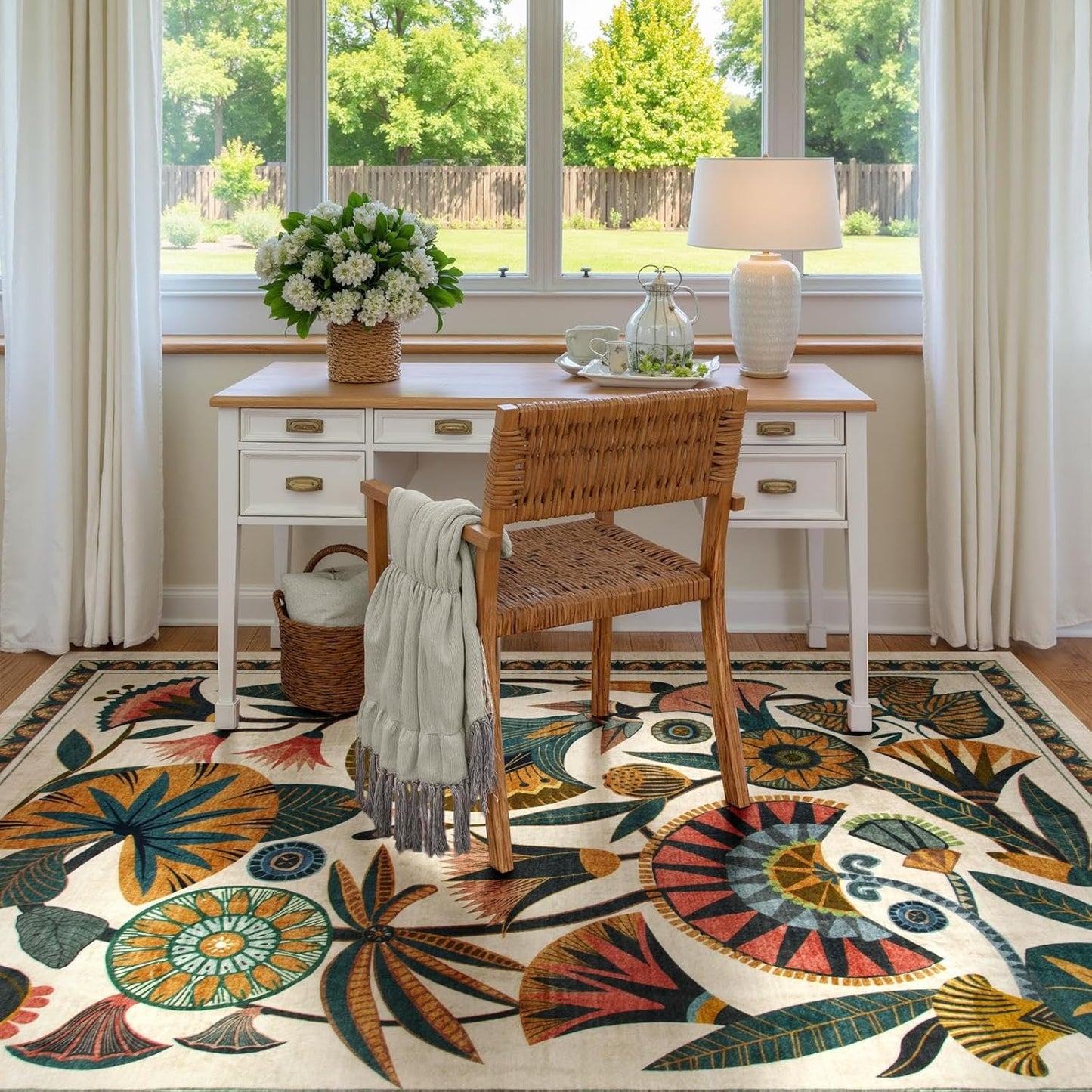 Beige 8x10 Area Rugs for Living Room, Soft Washbale Bedroom Rugs, Non Slip Low Pile Dining Room Rug, Stain Resistant Large Rug for Playroom Office Kitchen Indoor