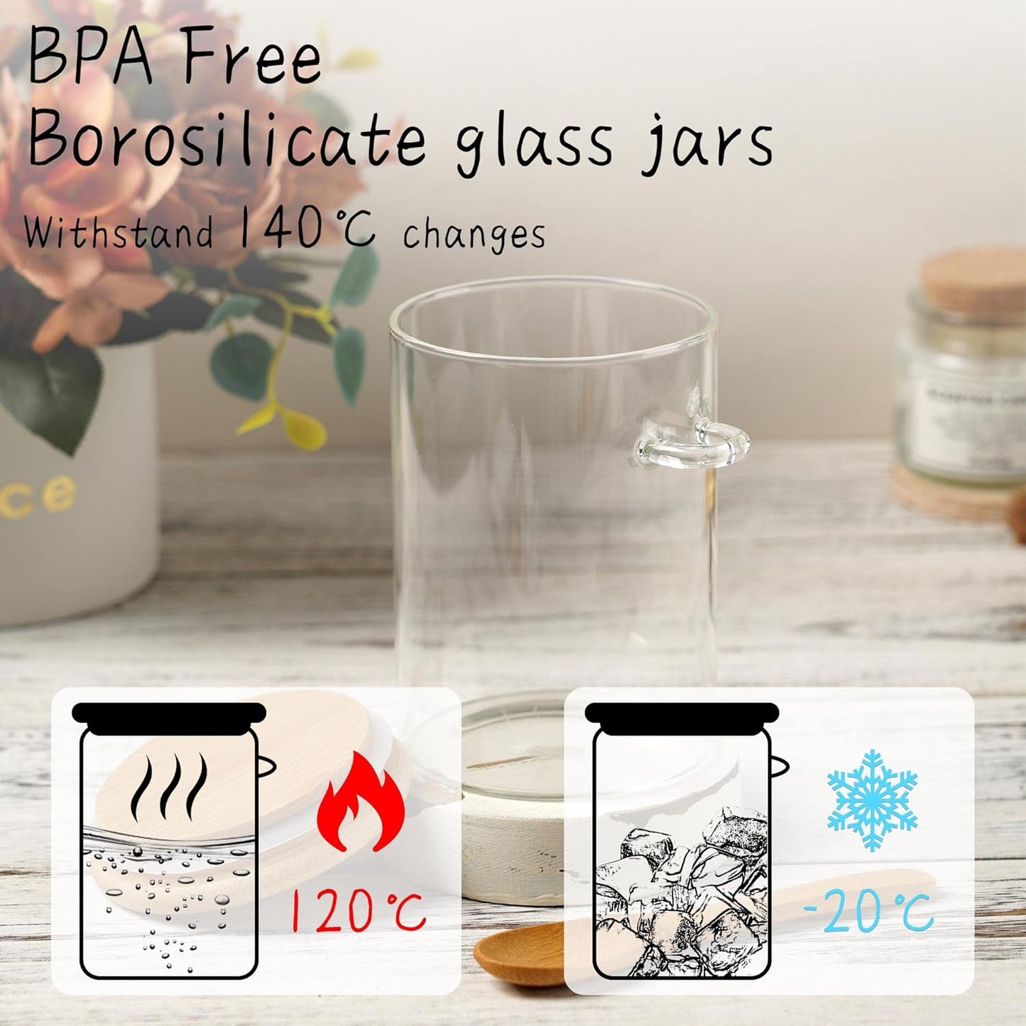 Glass Sugar Container with Spoon - 2 Pack 15oz Glass Jars with Bamboo Lid and Spoon, Bamboo Lid Storage Jar Canister for Coffee Beans, Spice, Brown Sugar, Tea, Flour, Nuts, Candy, Salts and More