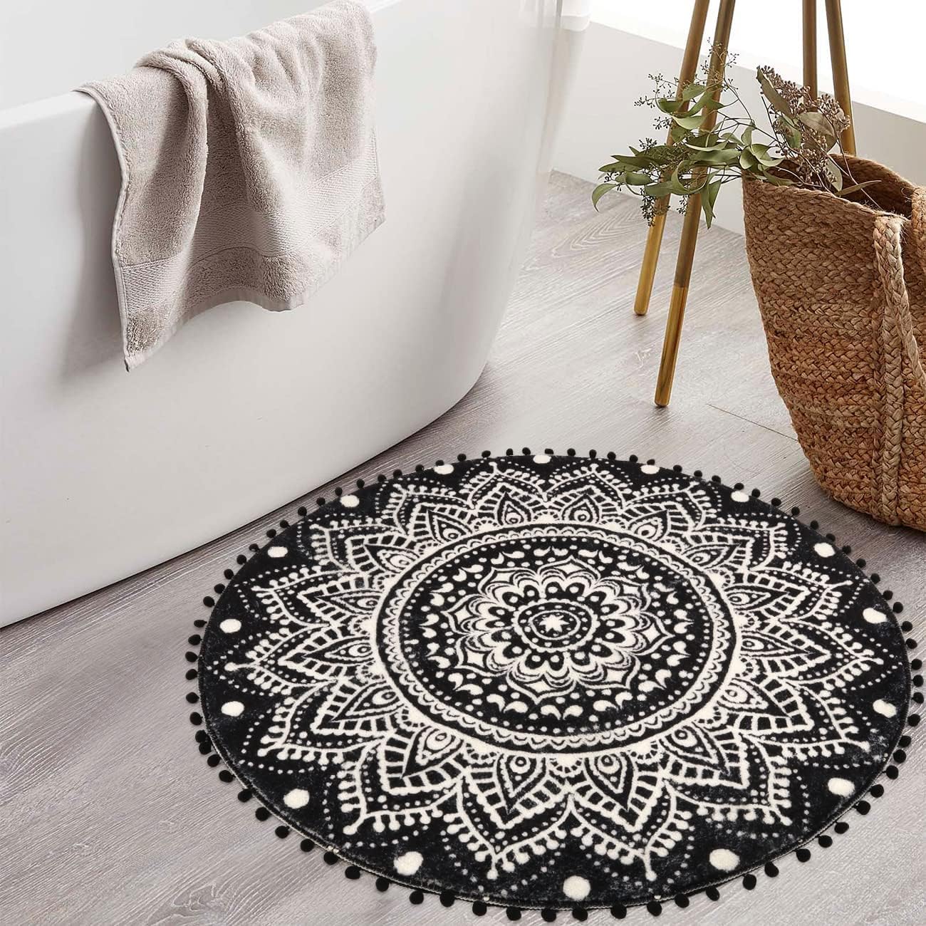 Uphome Boho Round Rug for Bedroom 3' Circle Mandala Black Bathroom Rug with Pom Poms Fringe Washable Circular Accent Throw Rugs Non-Slip Soft Floor Mat for Entryway Living Room Sofa Kids Room Nursery