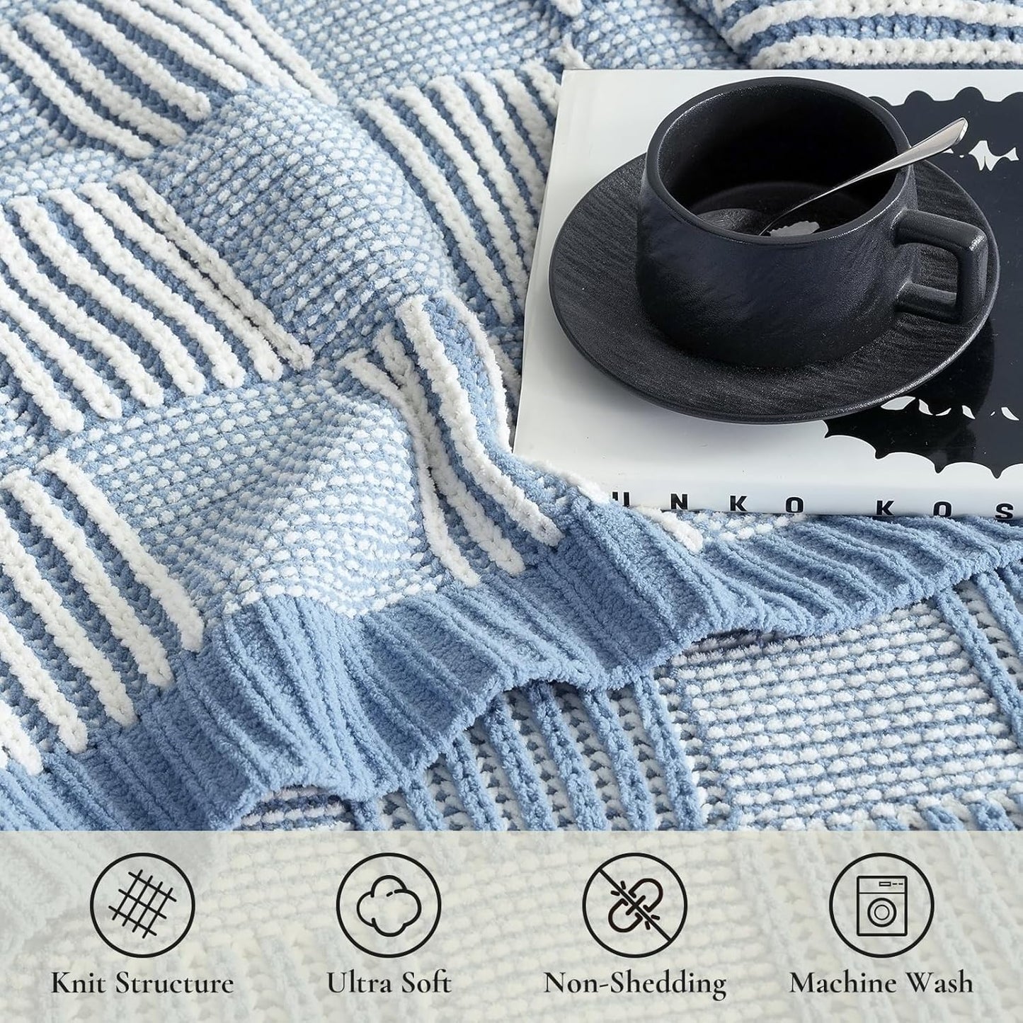 Amélie Home Checkered Knit Throw Blanket for Couch, Chenille Texture Decorative Soft Blanket for Sofa & Chair, 60"x80", Blue & Ivory