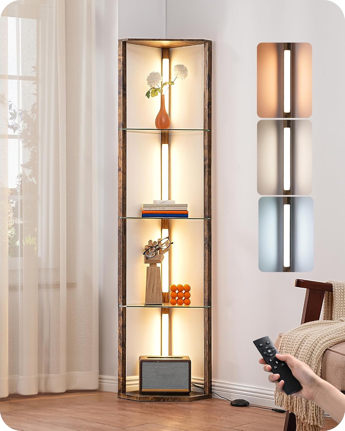 EDISHINE Corner Shelf with Light, 5-Tier Glass Display Shelf with Remote/Foot Control, 3CCT & Dimmable Corner Lamp, Open Display Cabinet, Standing Lamp for Living Room, Bedroom, Flamewood Color