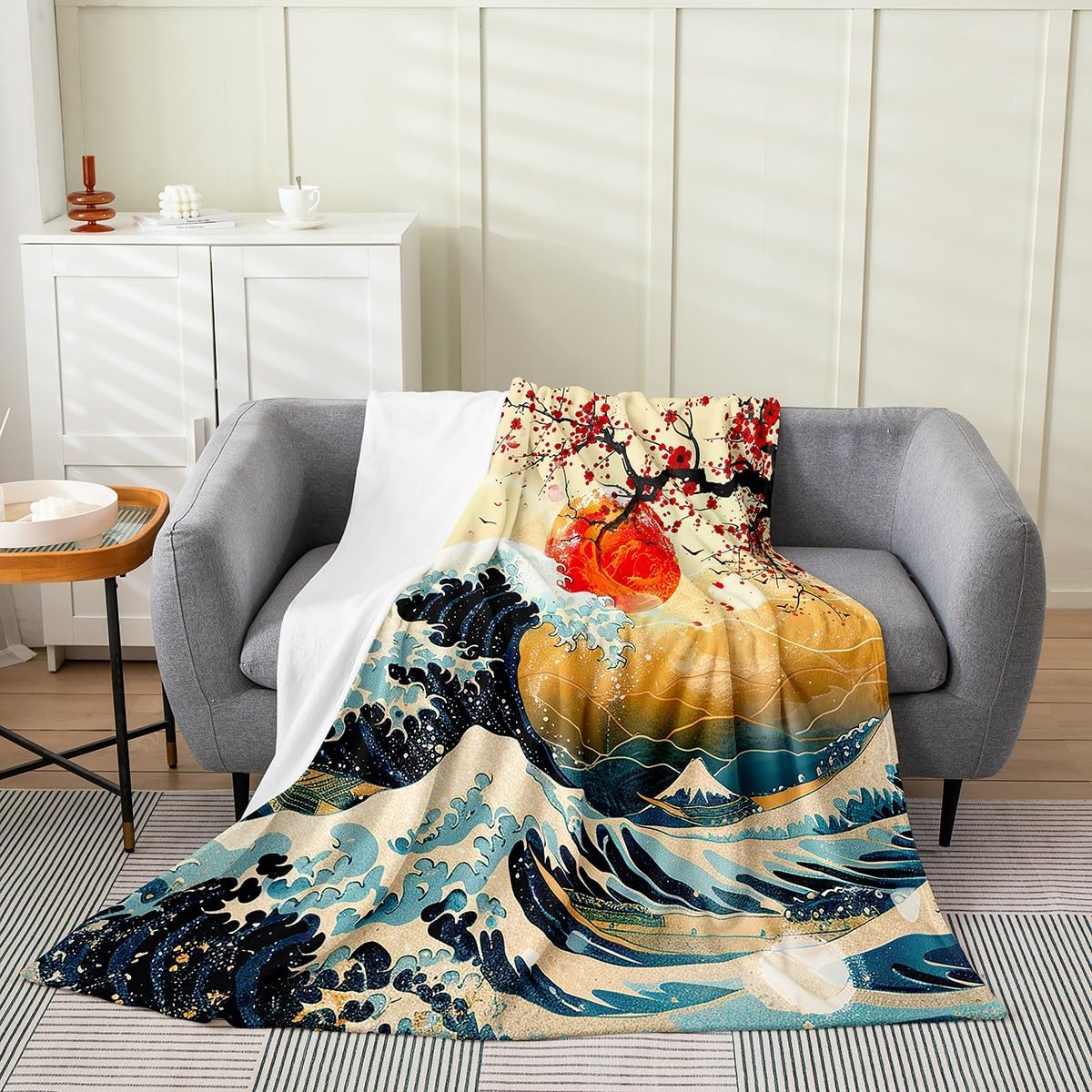 Feelyou Japanese Wave Flannel Fleece Throw Blanket Queen 90"x90" Cherry Blossoms Plush Blanket for Boys Girls Japanese Ukiyoe Home Decor Fuzzy Blanket Red Sun Japanese Style All Season Bed Blanket