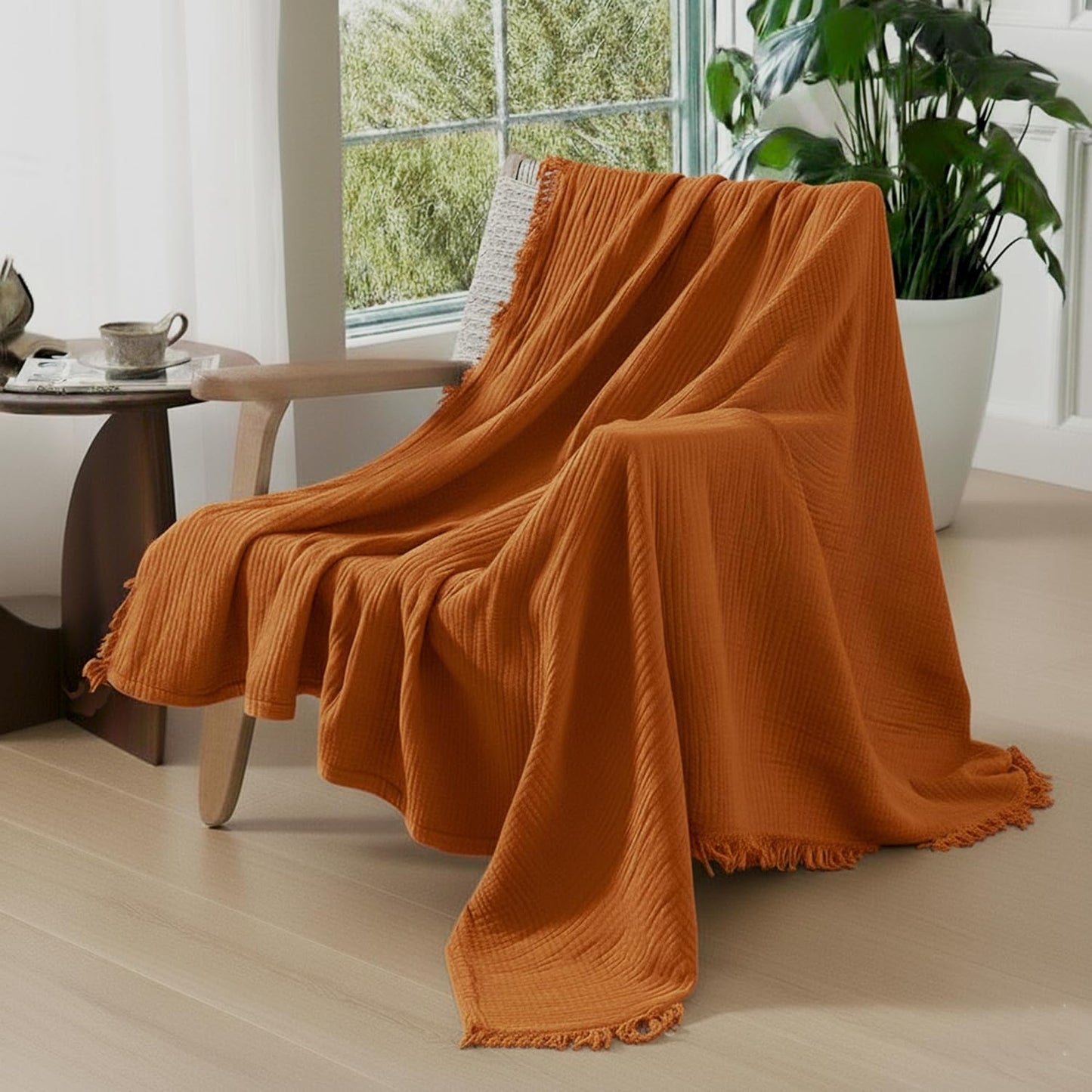 KyraHome 100% Cotton Throw Blanket for Bed, 60"x80" Muslin Blankets for Adults, Kids, Plant-Dyed, Lightweight Couch Blanket, All Season, (Terracotta/Burnt Orange)