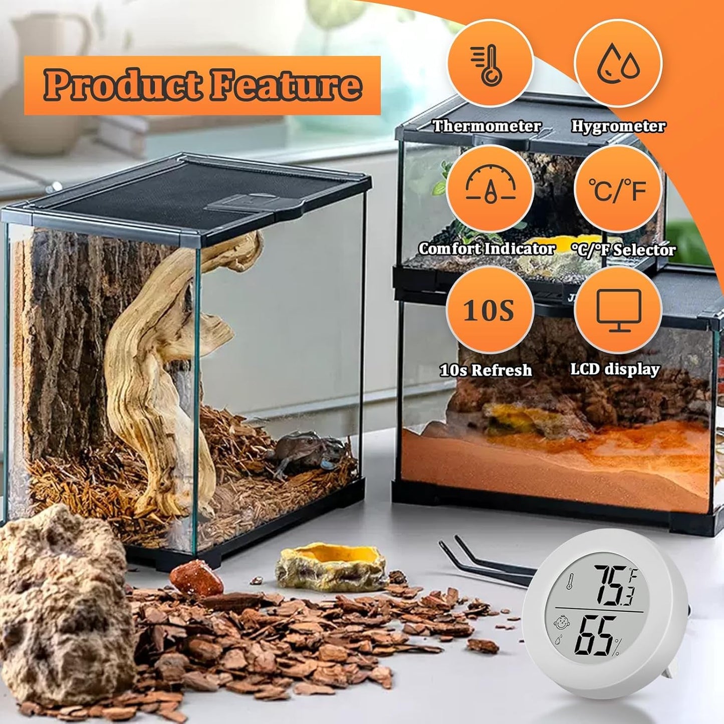 Reptile Tank Accessories, 2 Pack Bearded Dragon Tank Thermometer Humidity Gauge for Leopard Gecko, Jumping Spider, Snake, Gecko, Ball Python, Lizard