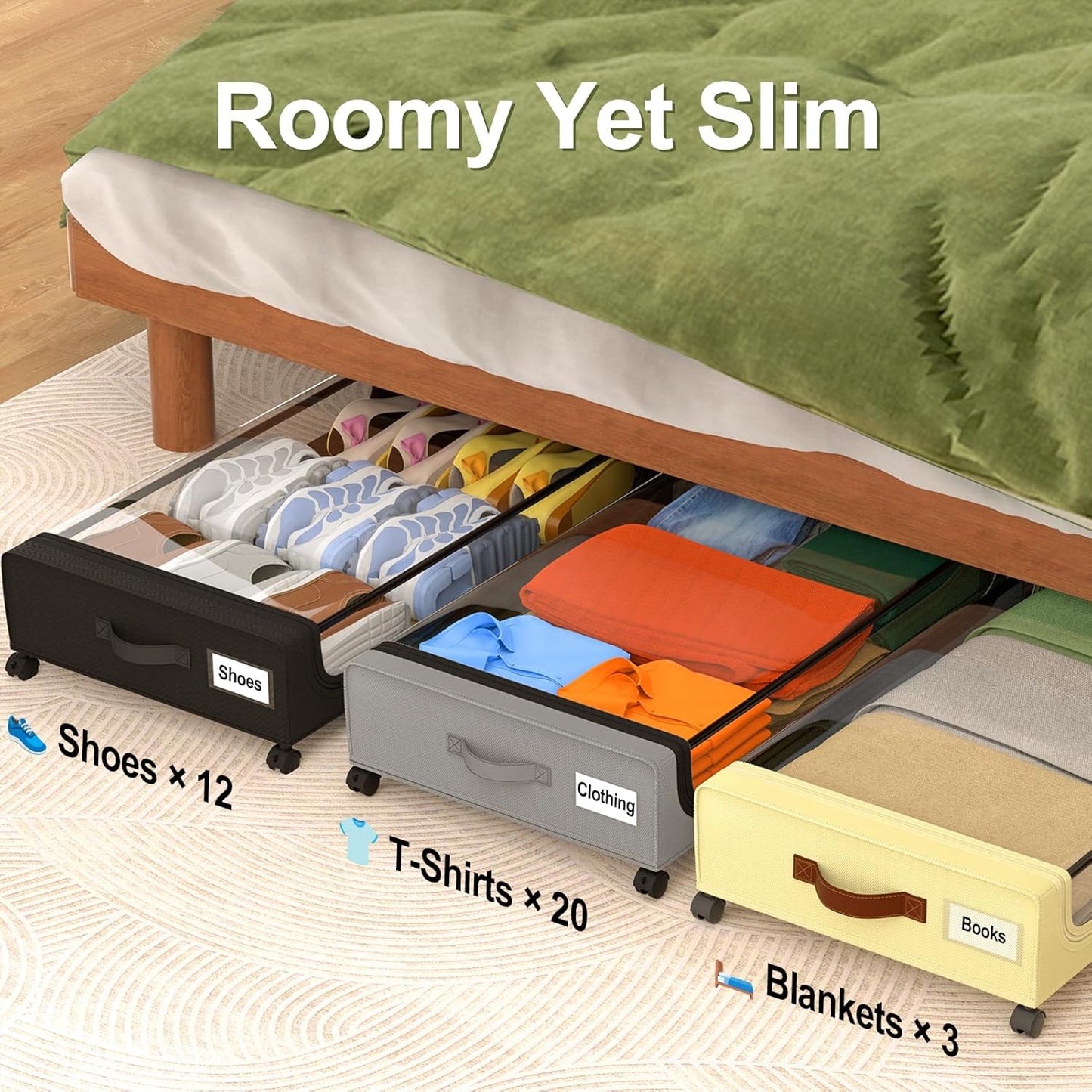 GoMaihe Under Bed Storage with Wheels: 48L Underbed Storage Containers with Lids - Rolling Bins for Shoes Clothes in Dorm Bedroom - Metal Drawers Easy Pull-out Grey 2-Pack