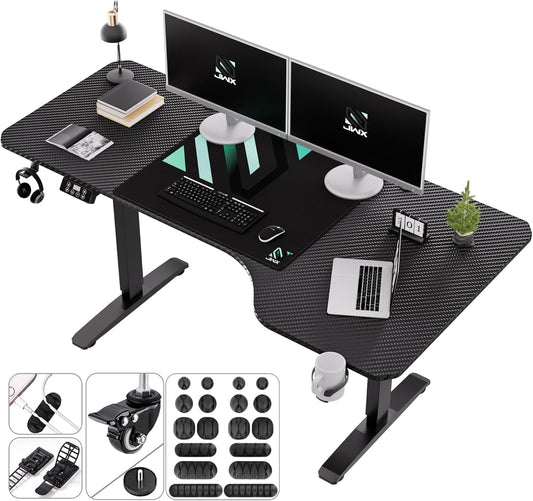 JWX Dual Motor L Shaped Standing Desk 63”, Electric Height Adjustable Gaming Desk with Memory Presets, Child Lock, Sit Stand Reminder, Carbon Fiber Desktop, Cable Management, Cup Holder