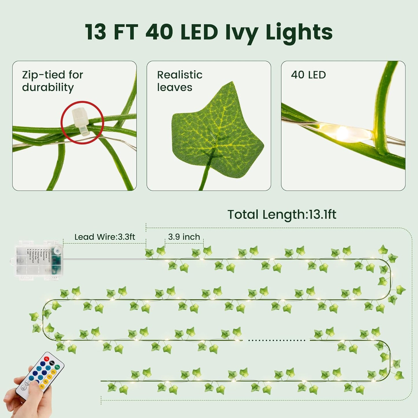 HEYFUNi Ivy Vines with Lights with Remote, 13 Ft 40LED Artificial Green Leaf String Lights USB/Battery Operated, Fake Vines for Bedroom Wall Aesthetic, Dorm, Room Decor, Warm White