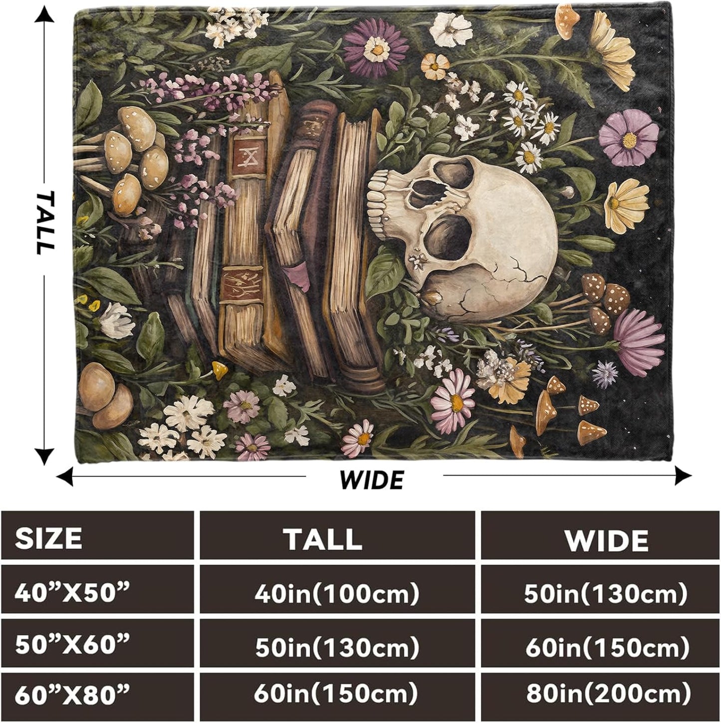 Skull and Books Floral Blanket, Lightweight Comfy Vintage Flowers & Mushrooms Blankets for Couch Sofa Bedroom, Soft Plush Travel Flannel Throw Blanket Gifts for Women Adults, Home Decor 80×60in