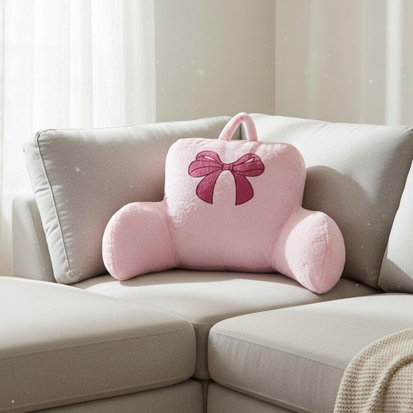 Bow Backrest Pillow Bow Reading Pillow with Pink Bow Design – Soft Plush Fabric Pillow with Armrests for Bed, Couch, Dorm or Lounge – Supportive Bed Rest Cushion, 29 x 16.5 Inches (74 x 42 cm) (Pink)