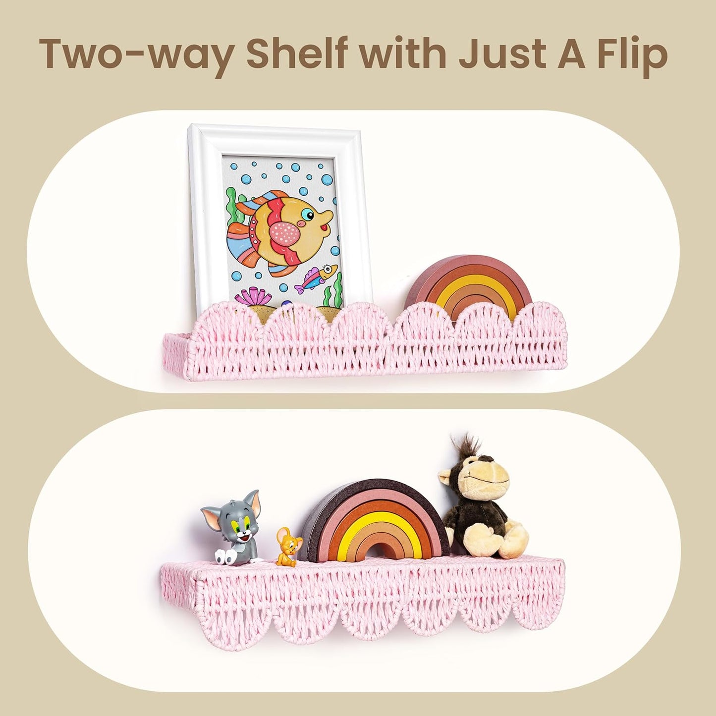 AELS Scalloped Nursery Bookshelf, Set of 4, Picture Ledge Shelf for Wall Decor, Woven Natural Fibre Floating Shelves for Books, Toys, Photo Frame, Nursery, Boho Modern Farmhouse Book Shelf, Pale Pink