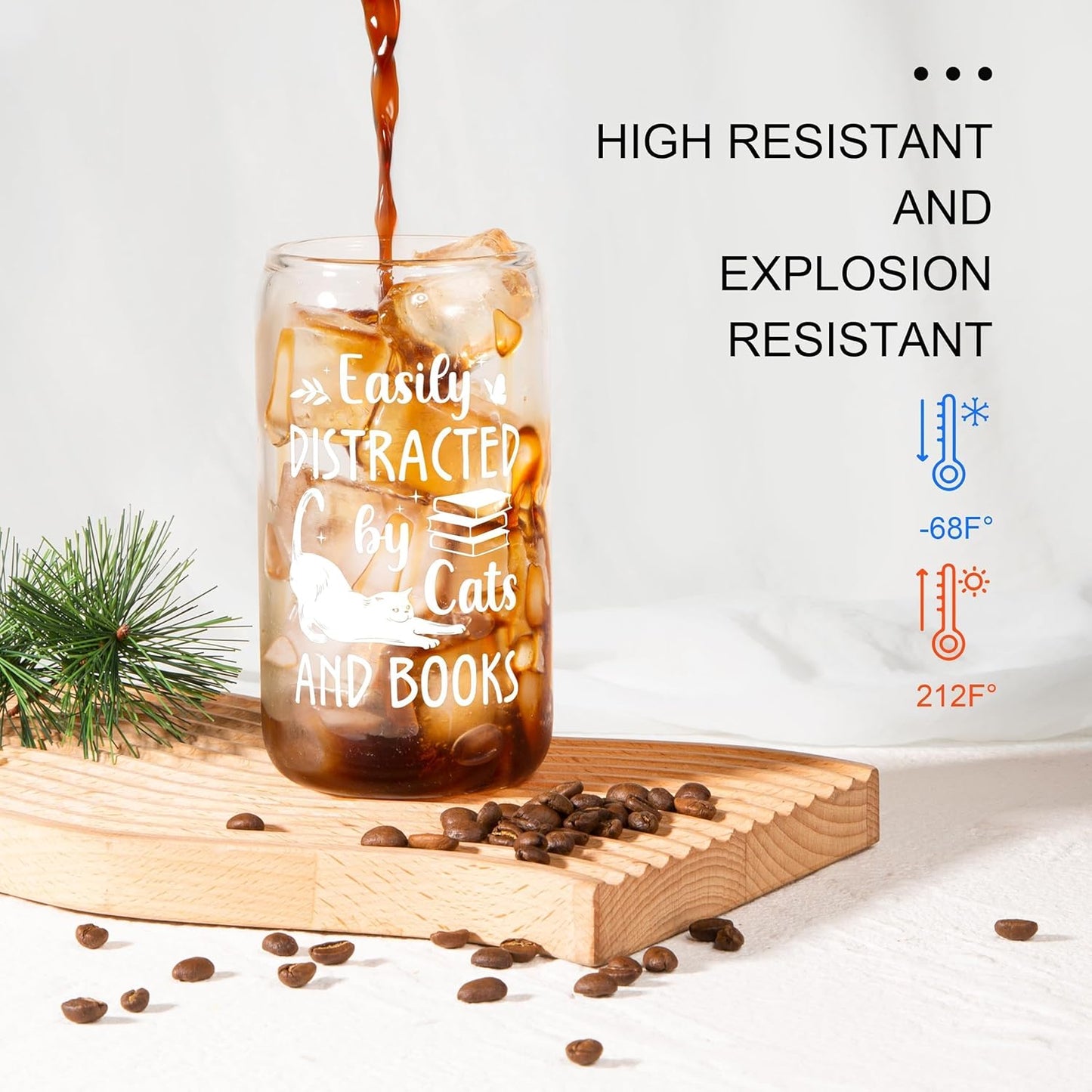 BeneCharm Cat Book Lovers Gifts - 16oz Glass Cups with Lid & Straw for Readers, Bookworm, Cat Lovers - Cute Bookish Present, Coffee Tumbler - Reading Accessories & Book Club Gifts